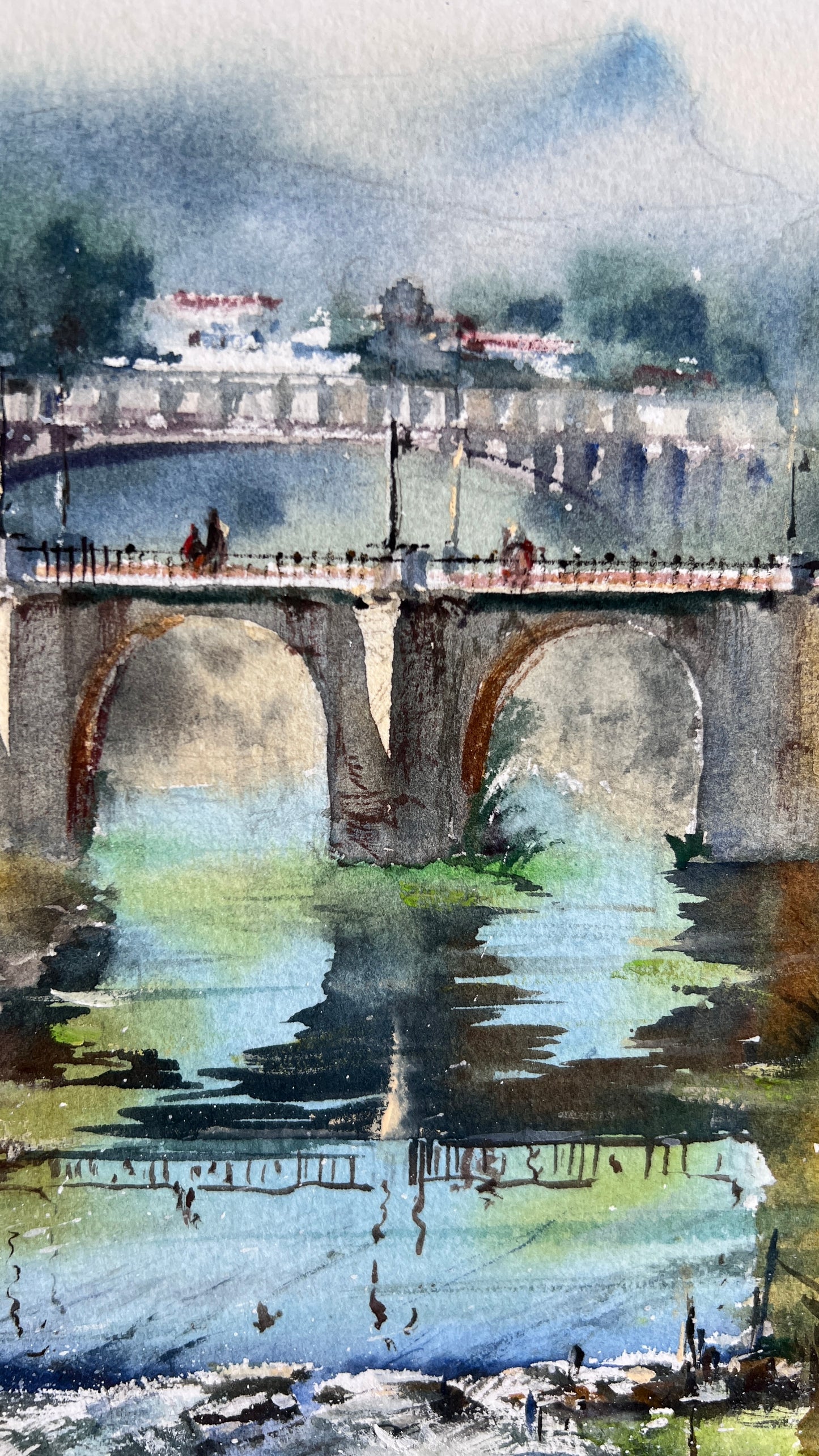 Spain Watercolor Landscape Bridge River Painting Original Art, Bridge of Quiet Waters Spain 9x15
