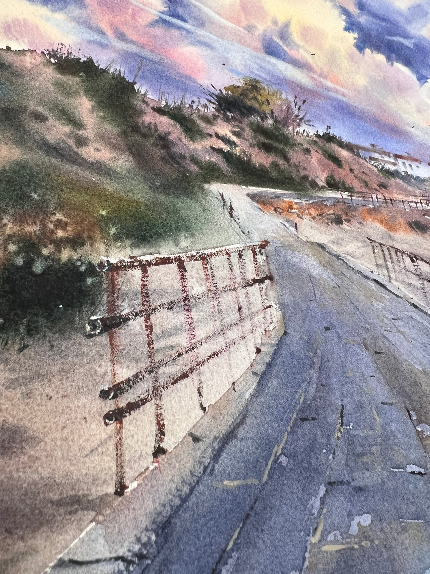 Coastal Path Watercolor Painting, Original Artwork, Sky Painting, Modern Art, Sea Lover Gift