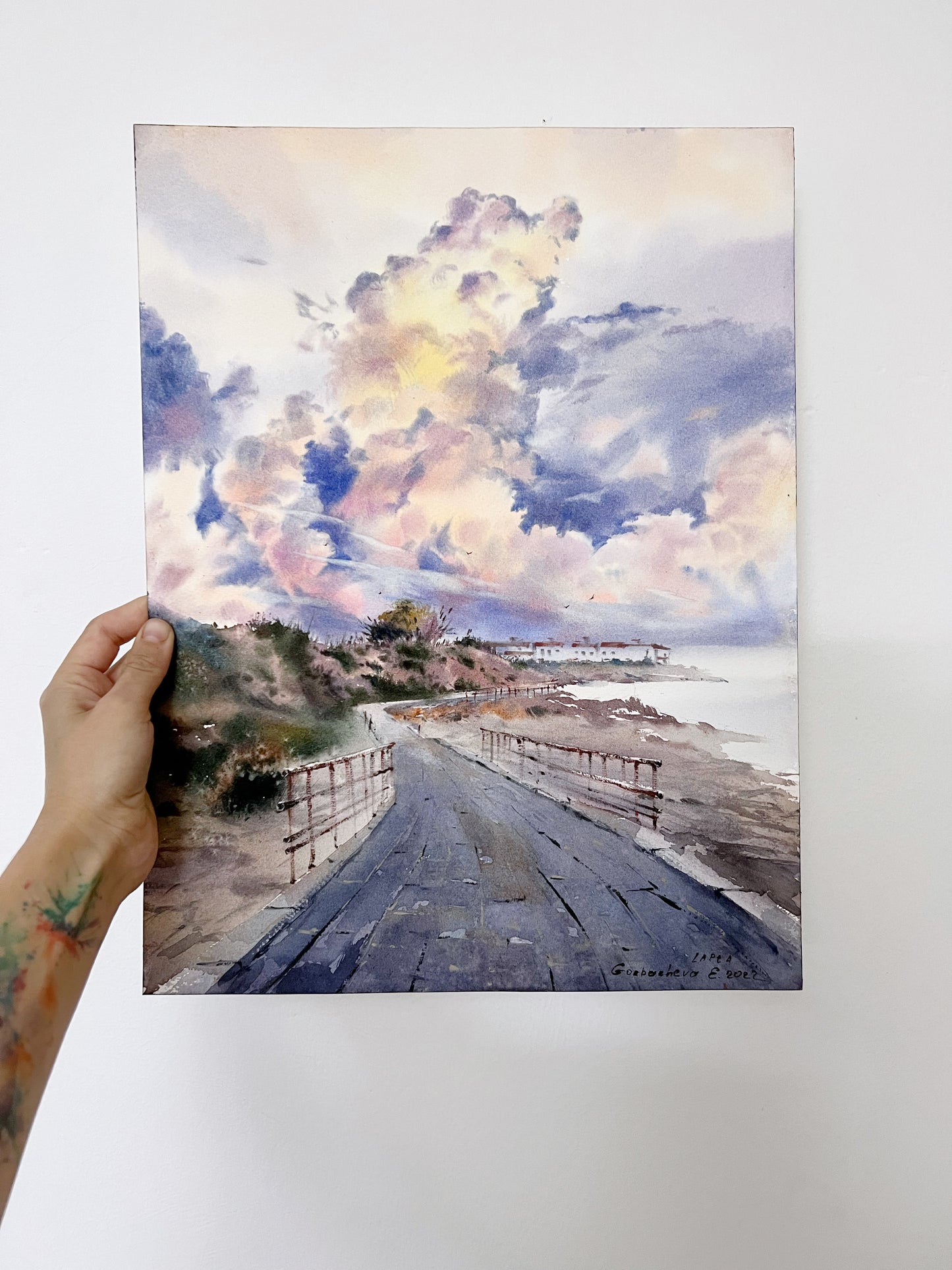 Coastal Path Watercolor Painting, Original Artwork, Sky Painting, Modern Art, Sea Lover Gift