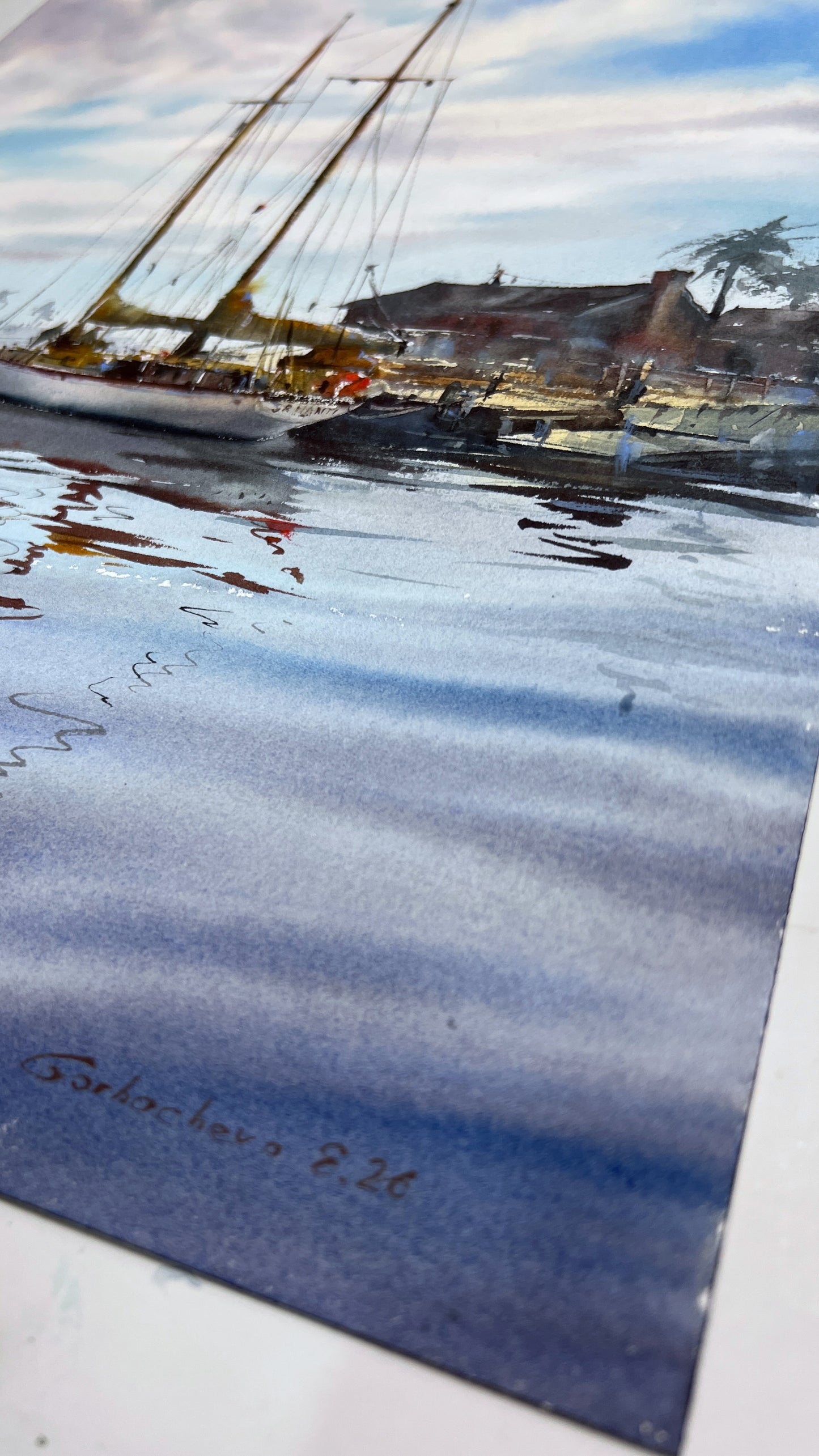 Coastal Harbor Sailboat Watercolor Painting, Reflections at Dawn 12x16