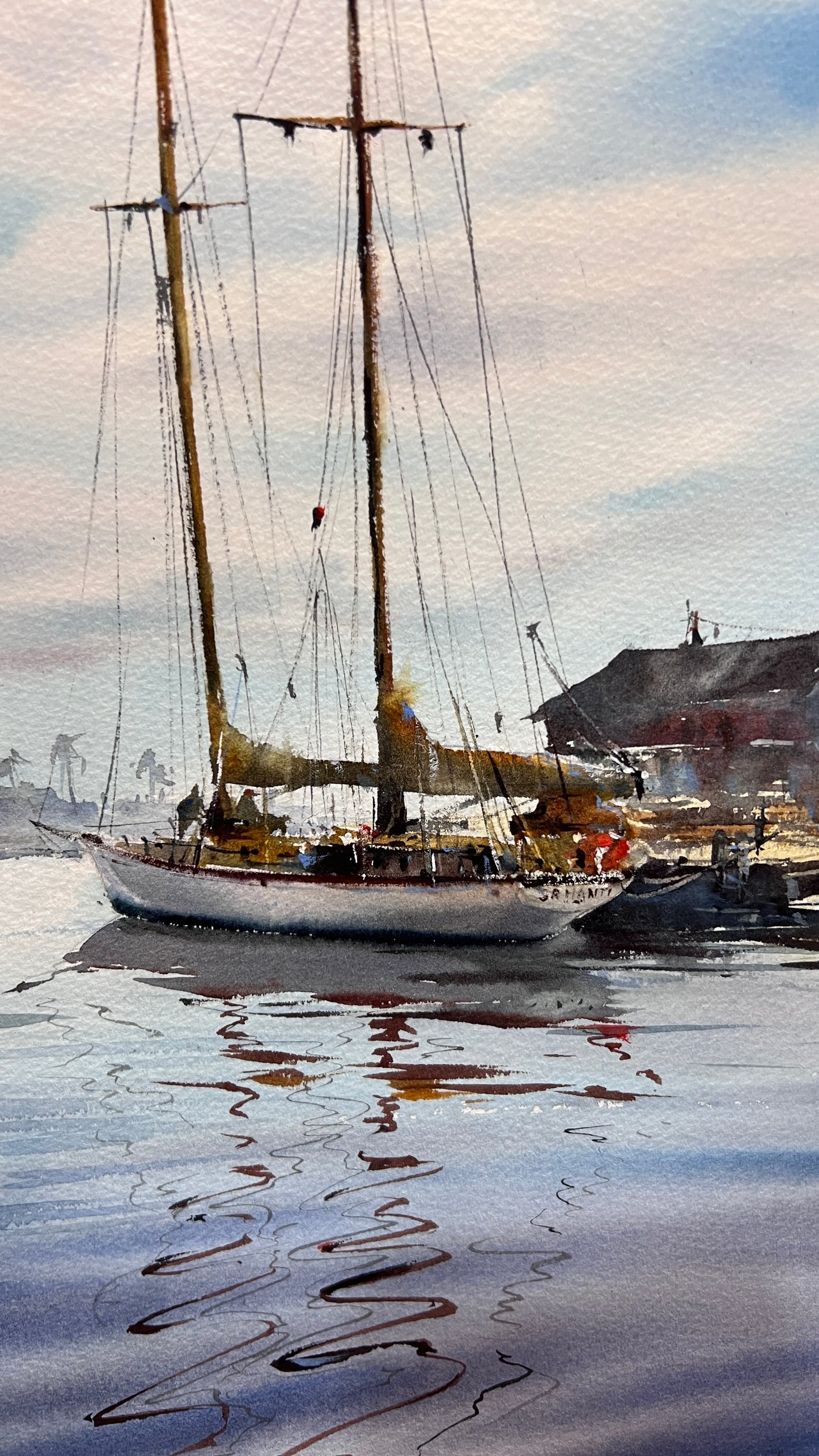 Coastal Harbor Sailboat Watercolor Painting, Reflections at Dawn 12x16