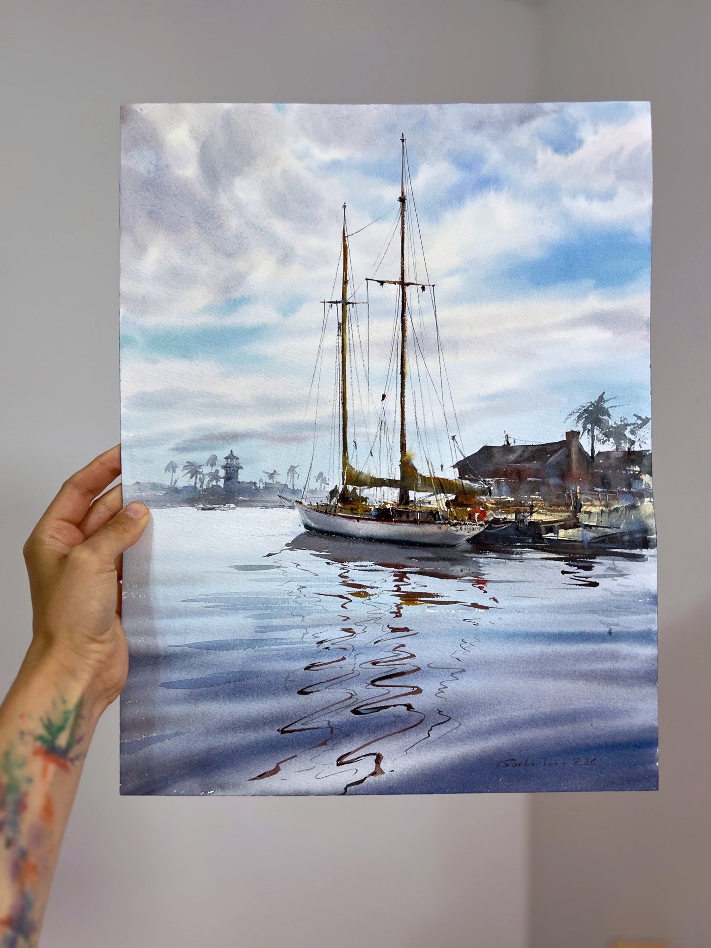 Coastal Harbor Sailboat Watercolor Painting, Reflections at Dawn 12x16