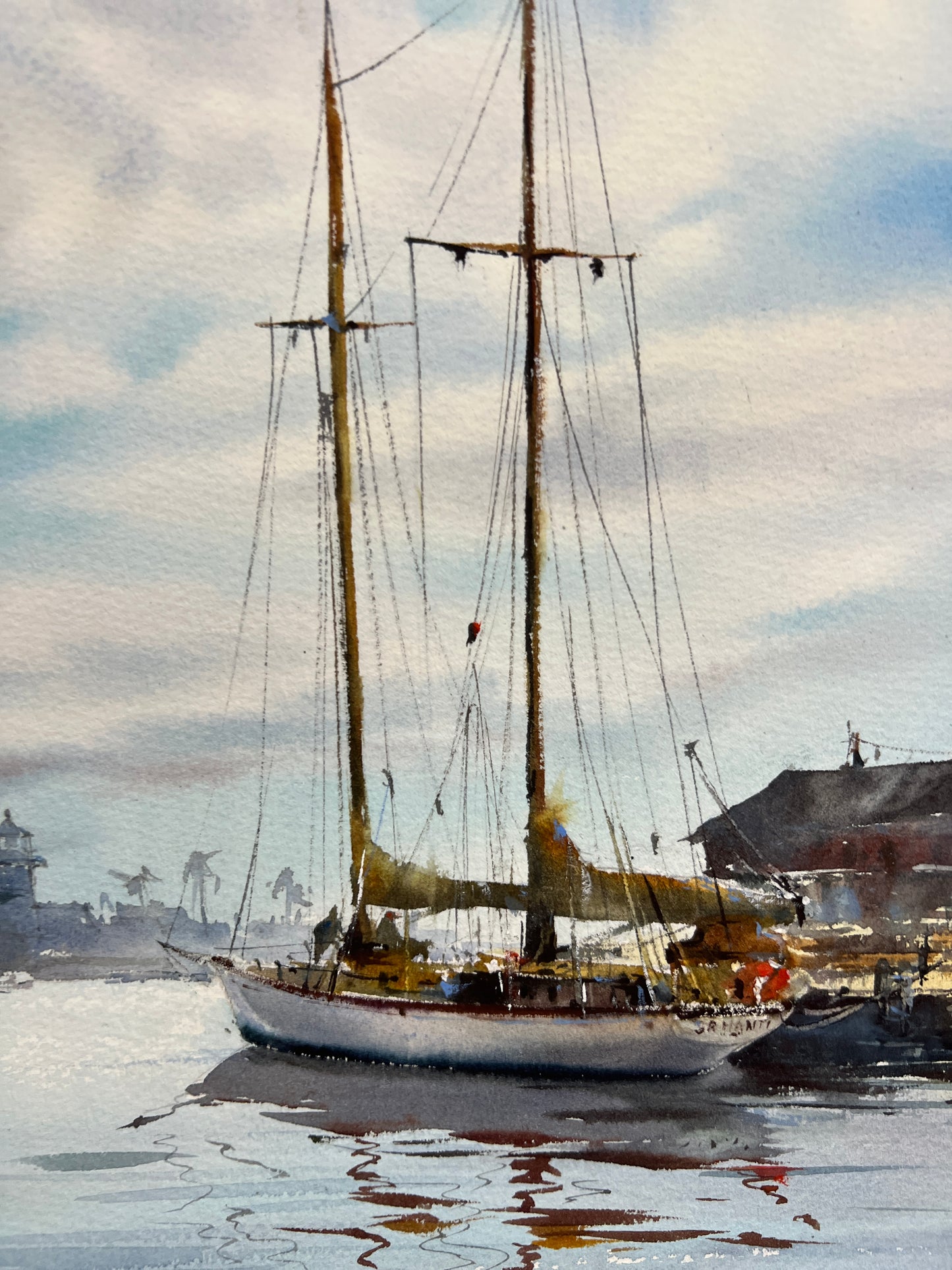 Coastal Harbor Sailboat Watercolor Painting, Reflections at Dawn 12x16