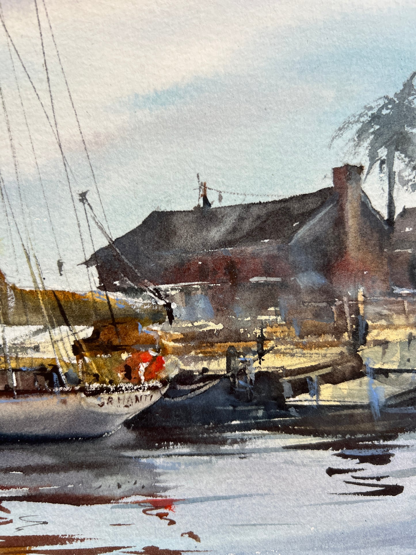 Coastal Harbor Sailboat Watercolor Painting, Reflections at Dawn 12x16