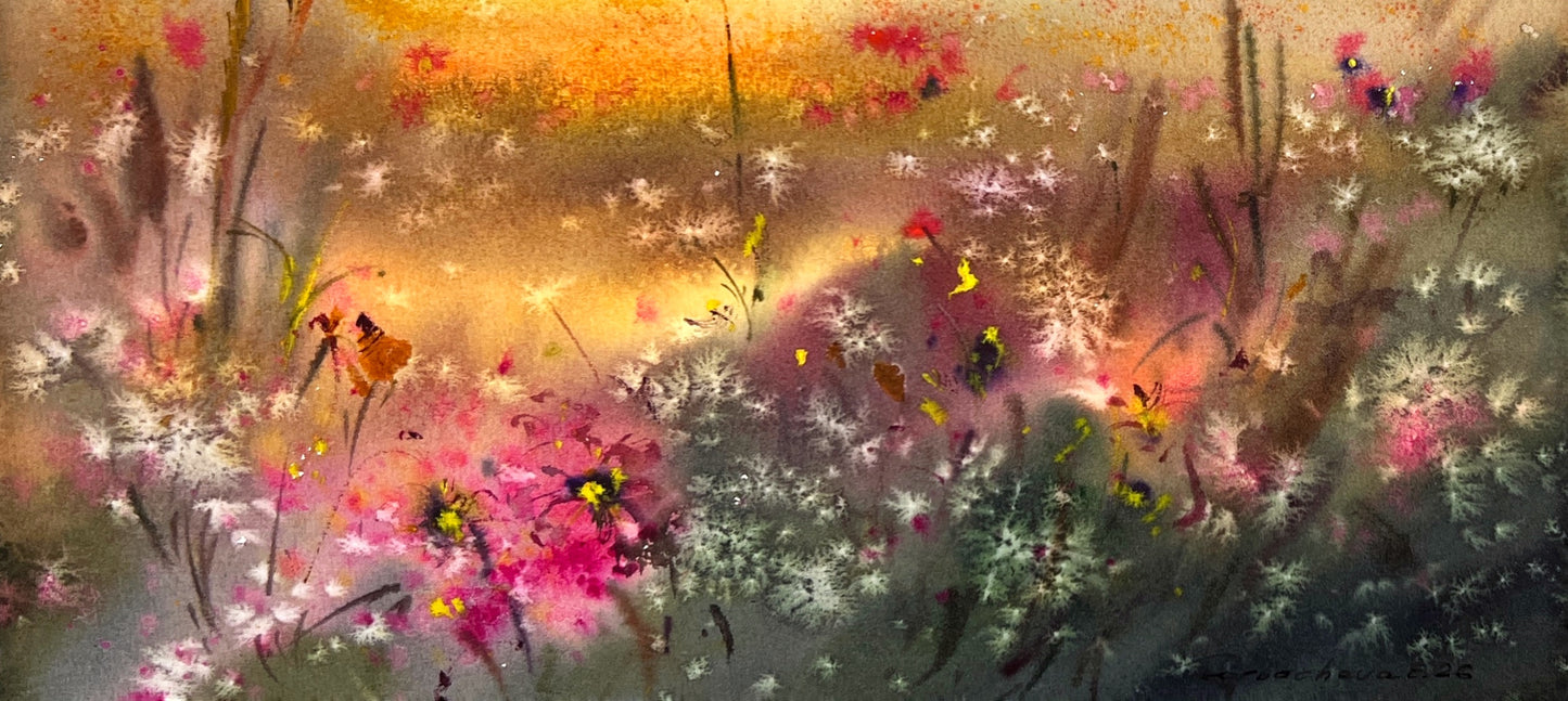 Original Watercolor Wildflower Meadow Painting, Golden Lake Sunset Landscape, Sunset Bloom 9x12