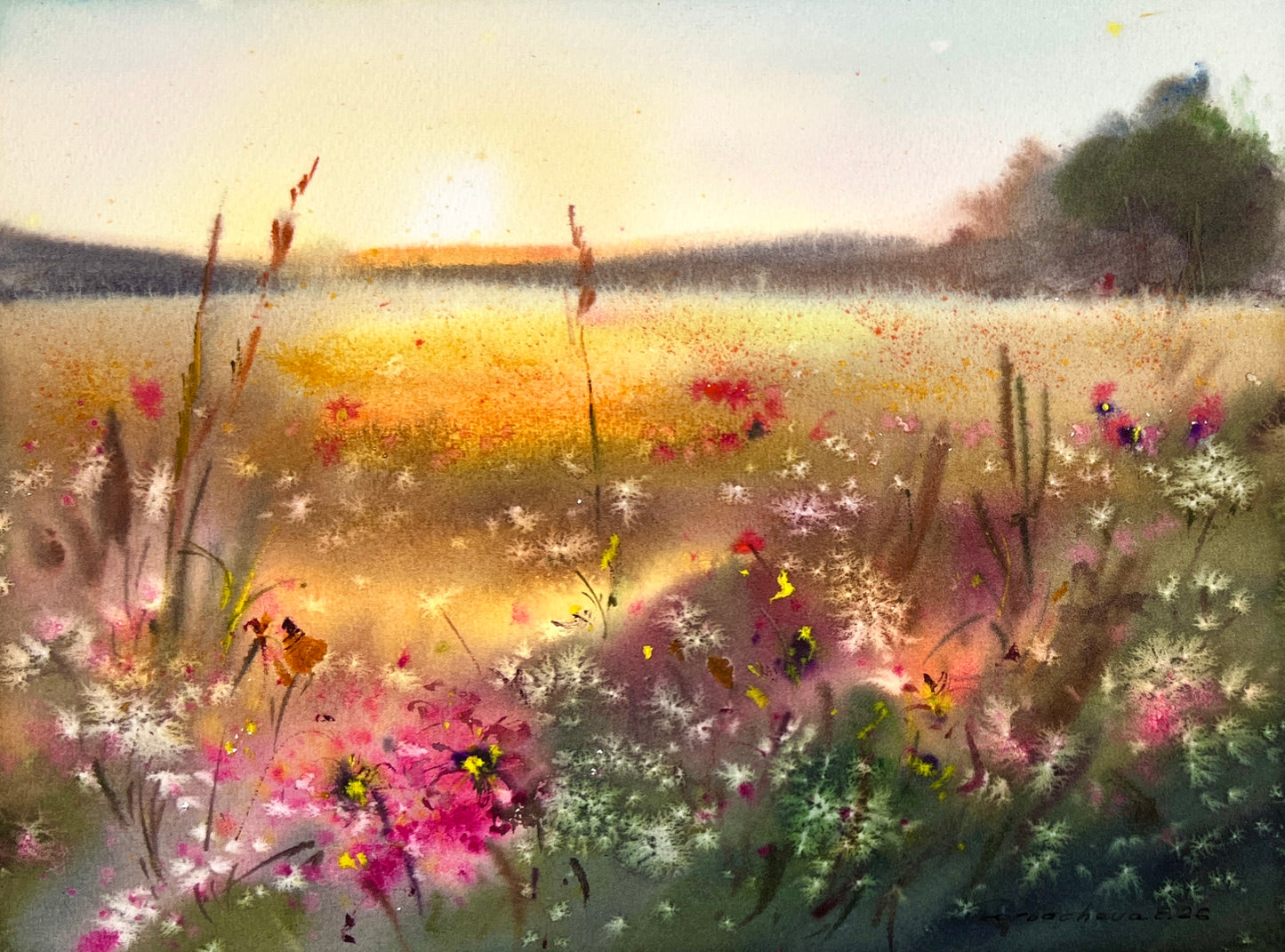 Original Watercolor Wildflower Meadow Painting, Golden Lake Sunset Landscape, Sunset Bloom 9x12
