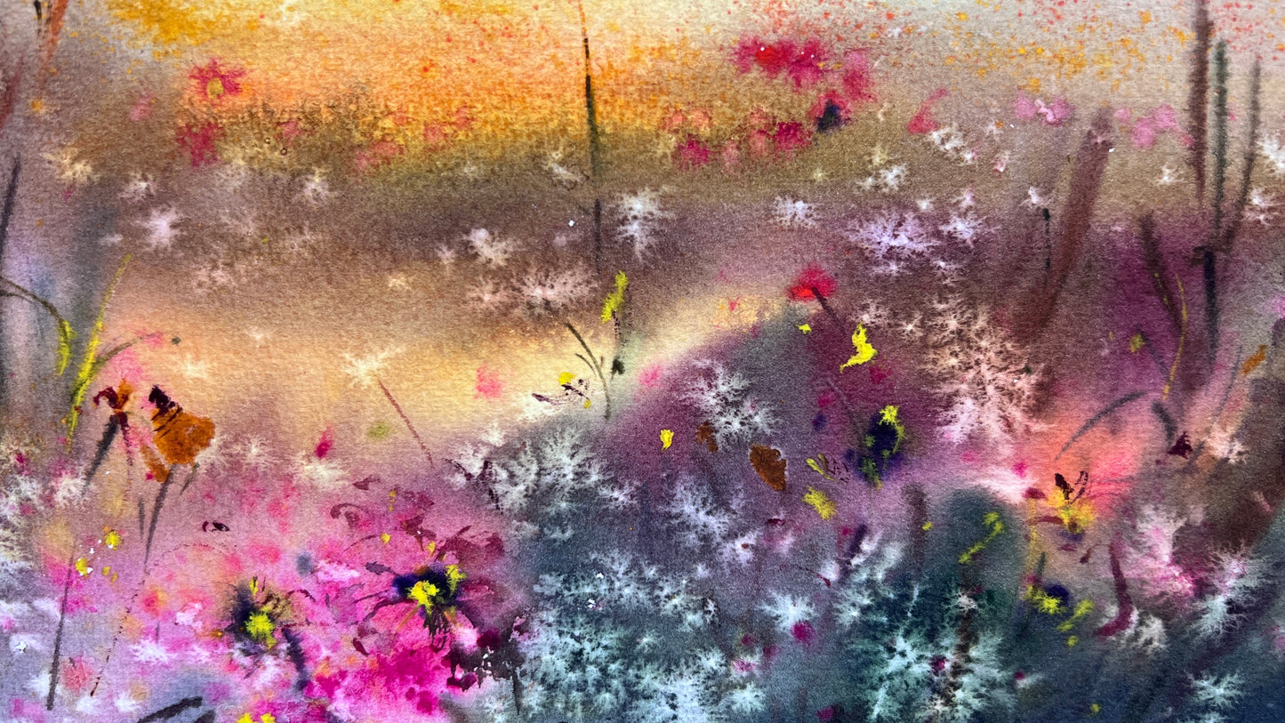 Original Watercolor Wildflower Meadow Painting, Golden Lake Sunset Landscape, Sunset Bloom 9x12