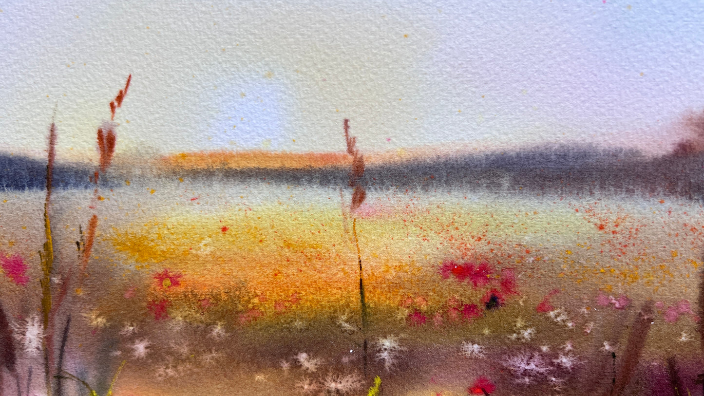 Original Watercolor Wildflower Meadow Painting, Golden Lake Sunset Landscape, Sunset Bloom 9x12