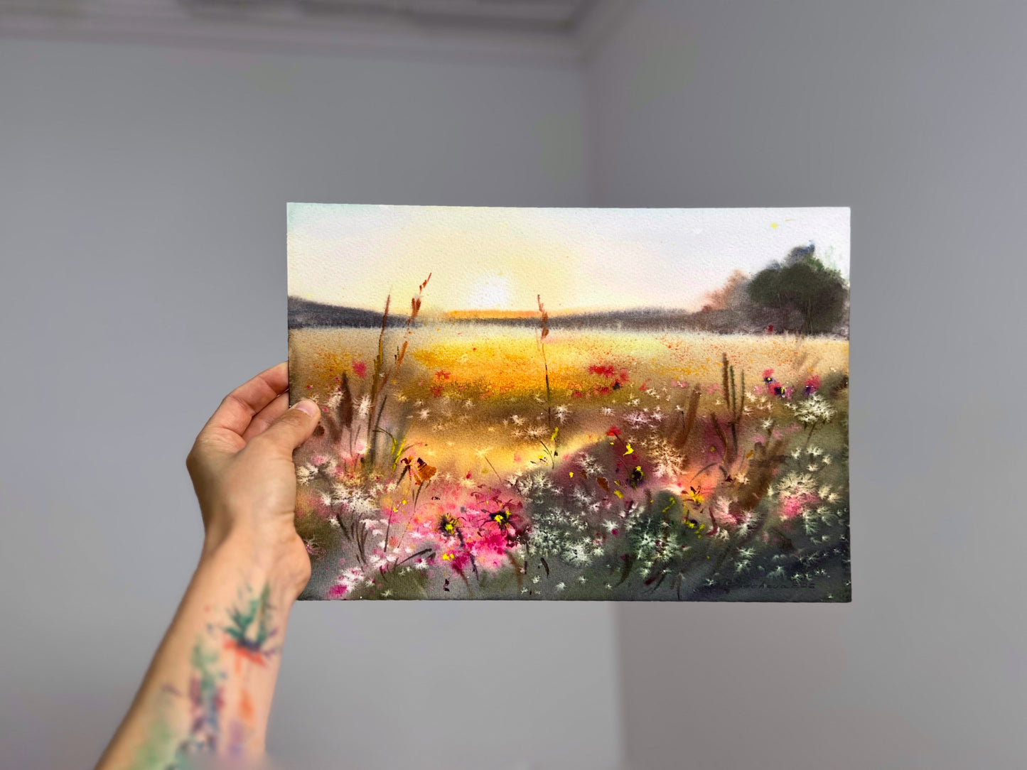 Original Watercolor Wildflower Meadow Painting, Golden Lake Sunset Landscape, Sunset Bloom 9x12