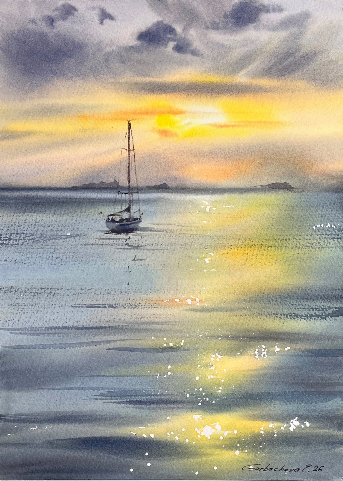 Sunset Sailboat Watercolor, Golden Sea Painting, Yacht in Golden Light 9x12 in