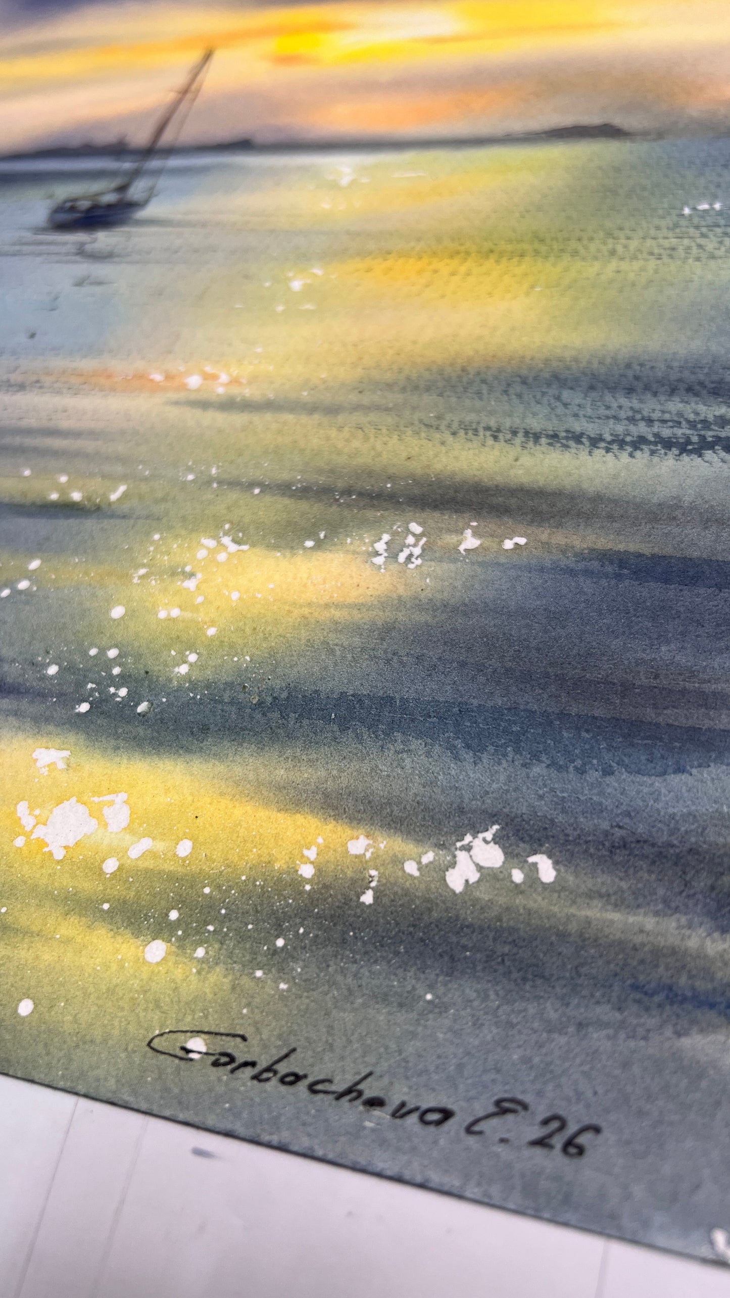 Sunset Sailboat Watercolor, Golden Sea Painting, Yacht in Golden Light 9x12 in