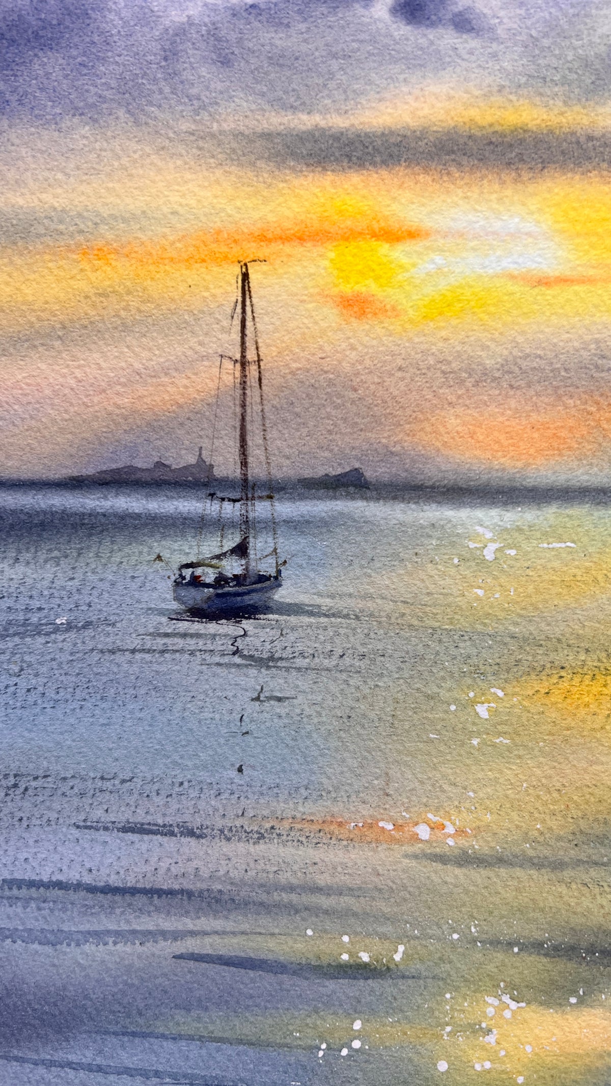 Sunset Sailboat Watercolor, Golden Sea Painting, Yacht in Golden Light 9x12 in