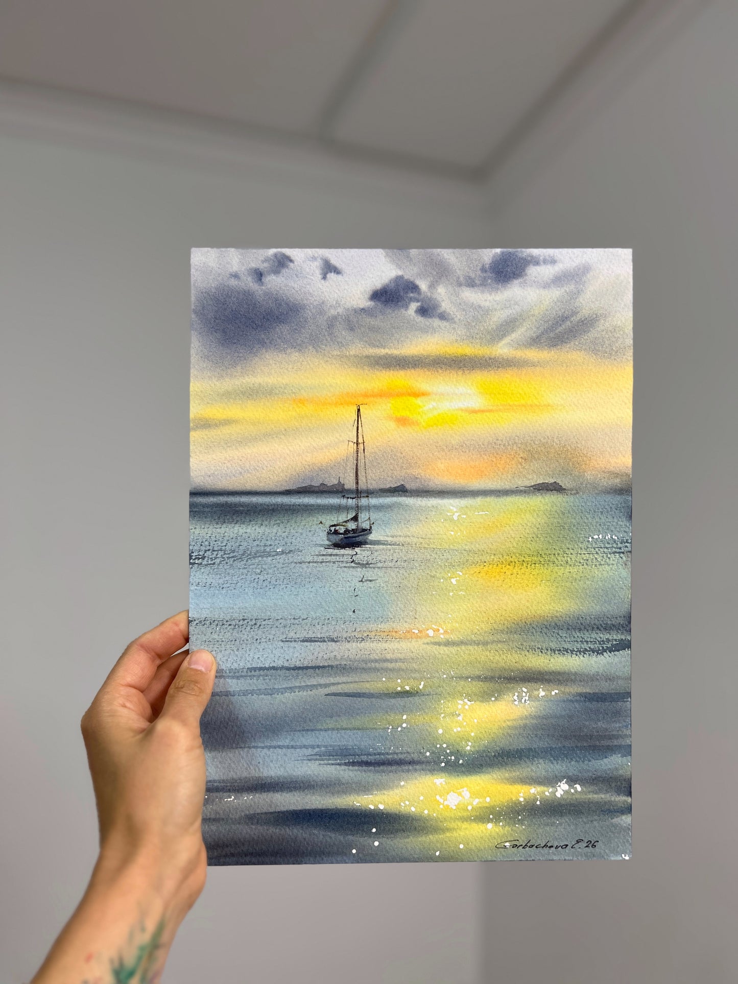 Sunset Sailboat Watercolor, Golden Sea Painting, Yacht in Golden Light 9x12 in