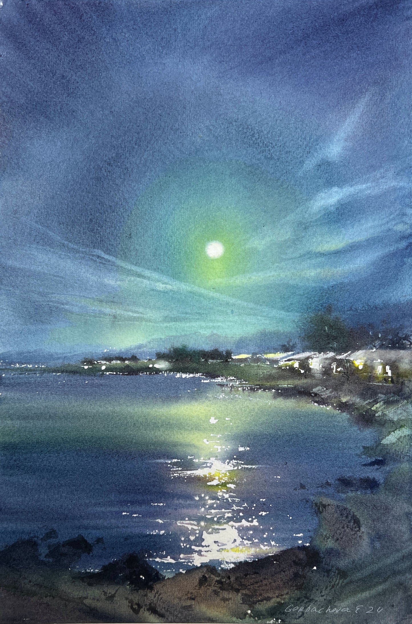 Seascape Painting Original, Small Watercolor Artwork - In the moonlight #4