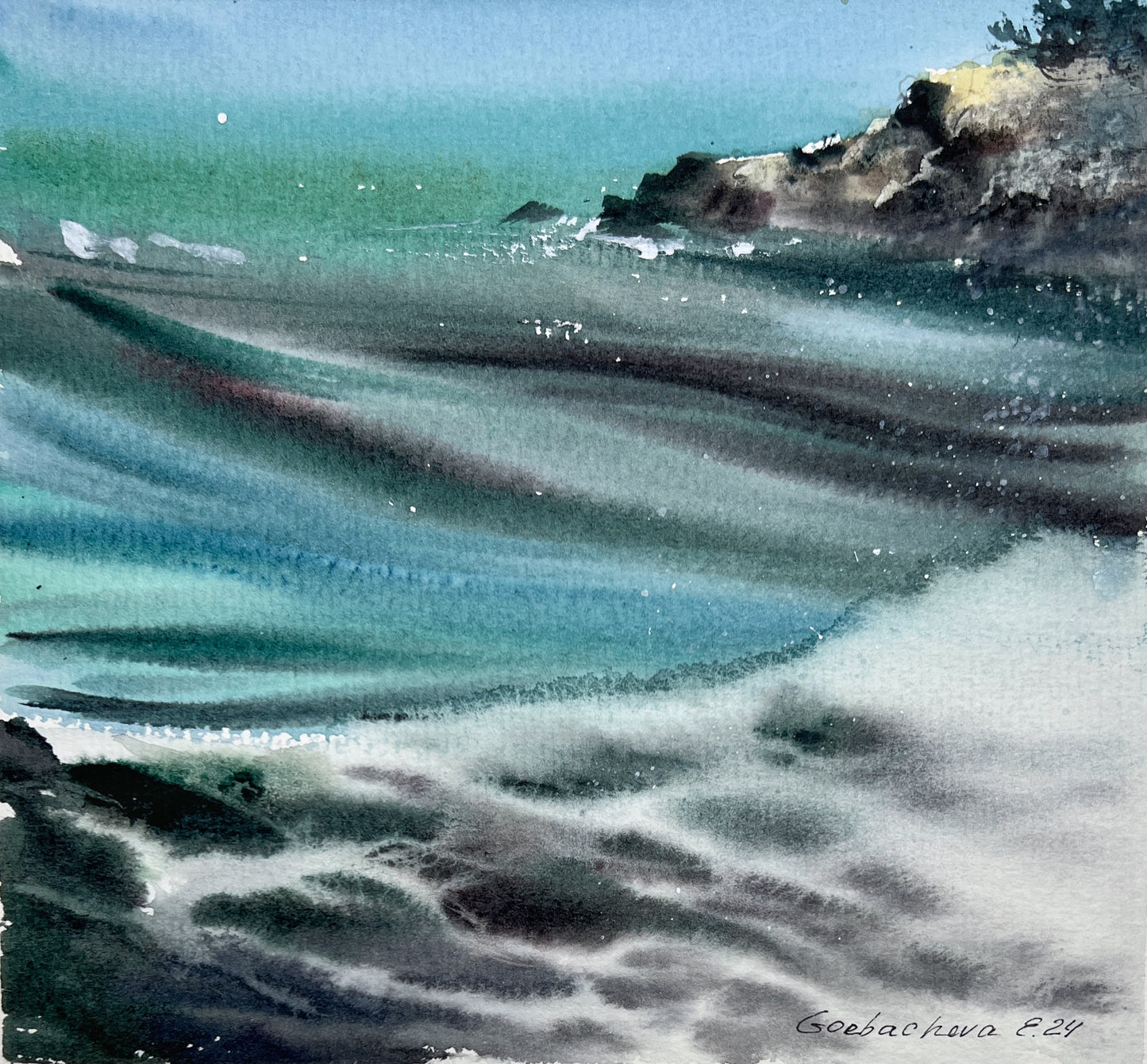 Abstract Sea Painting Original Watercolor - Waves and rocks #18