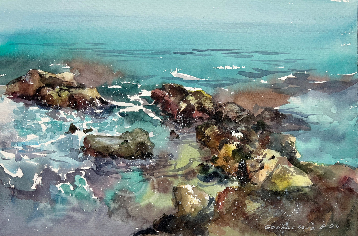 Watercolor Original Painting, Seascape Artwork - Waves and rocks #17