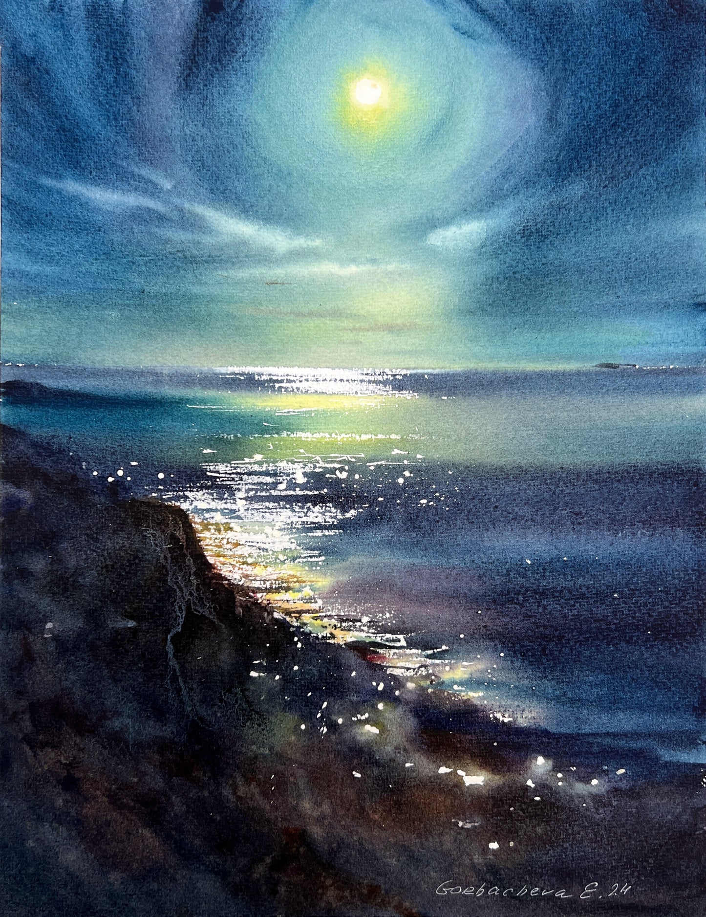 Moonlit Seascape Watercolor Art - In the Moonlight #12 Painting