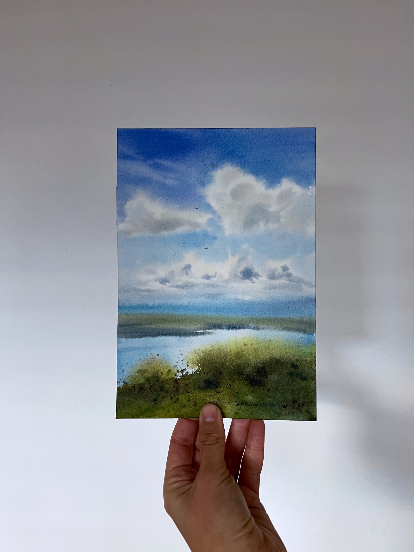 Summer Sky Watercolor Art | River Landscape Painting | Blue Clouds | 6x9 in Original