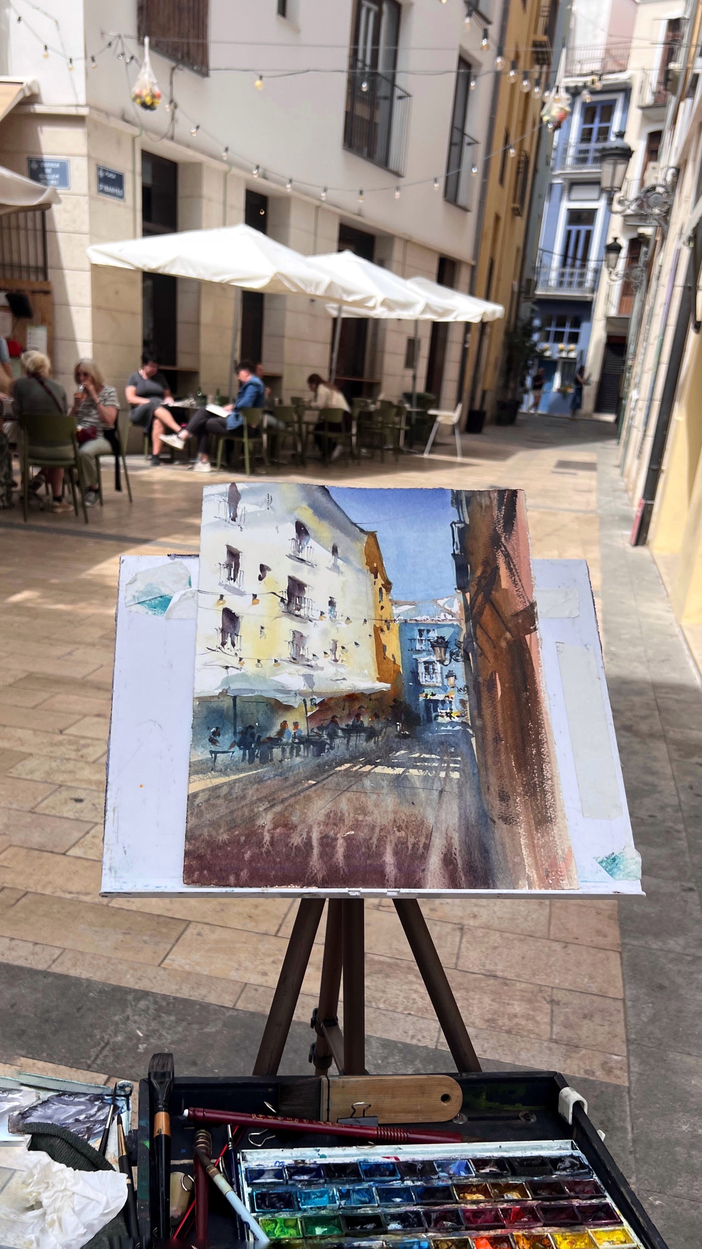 Valencia Street Watercolor Painting, Spanish Cityscape Art, Sunlit Valencia Alley 11x15