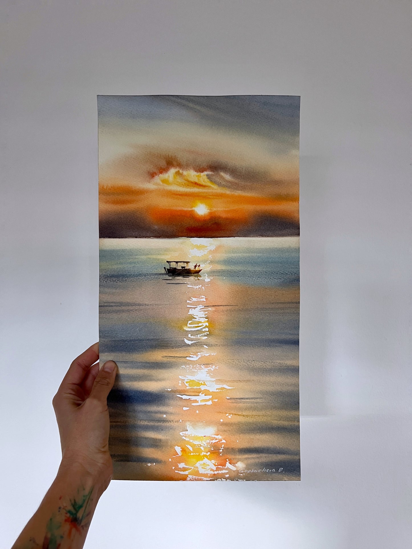 Orange Sunset Painting Original, Watercolor Fishing Boat Artwork - Golden cloud #2