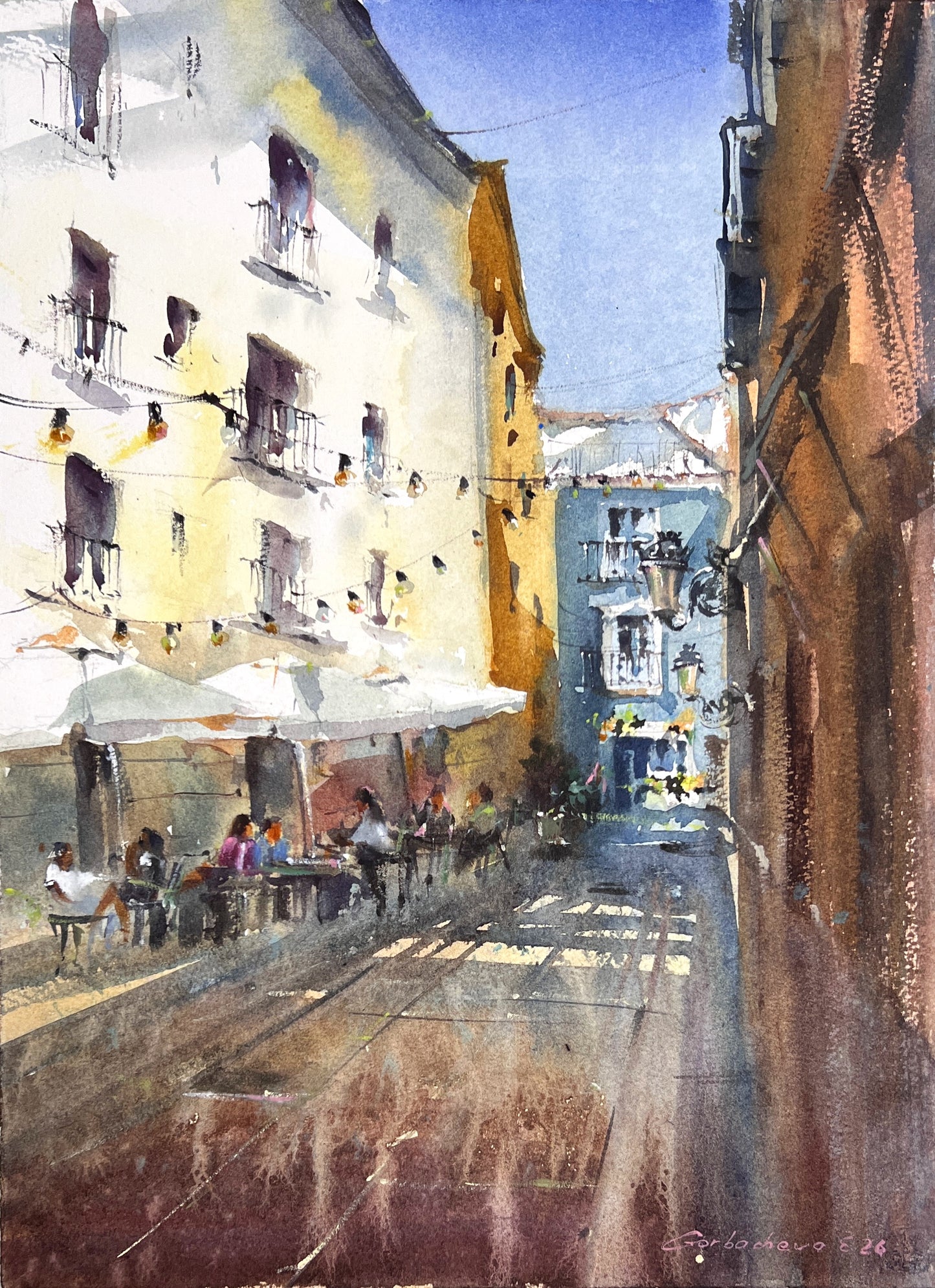 Valencia Street Watercolor Painting, Spanish Cityscape Art, Sunlit Valencia Alley 11x15