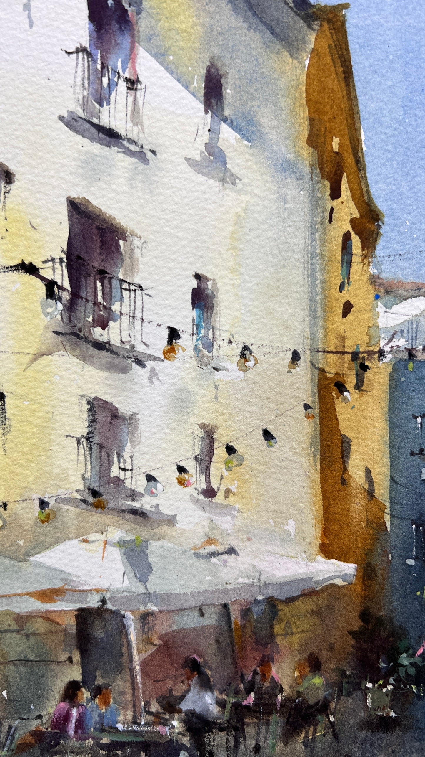 Valencia Street Watercolor Painting, Spanish Cityscape Art, Sunlit Valencia Alley 11x15