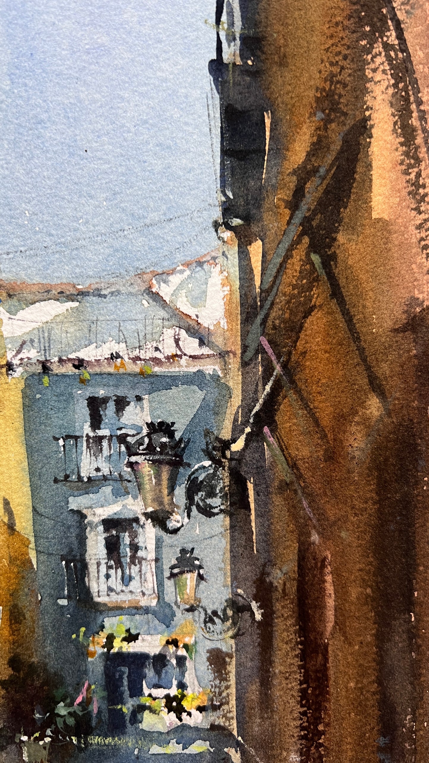 Valencia Street Watercolor Painting, Spanish Cityscape Art, Sunlit Valencia Alley 11x15