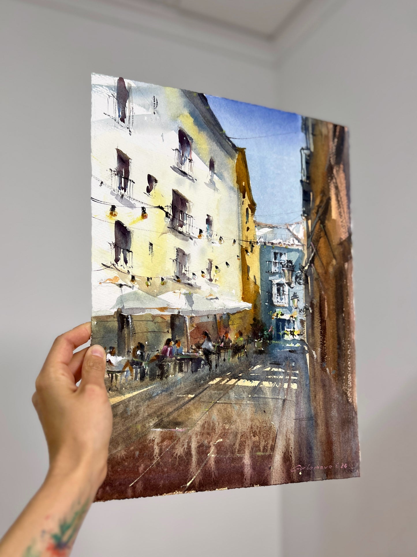 Valencia Street Watercolor Painting, Spanish Cityscape Art, Sunlit Valencia Alley 11x15