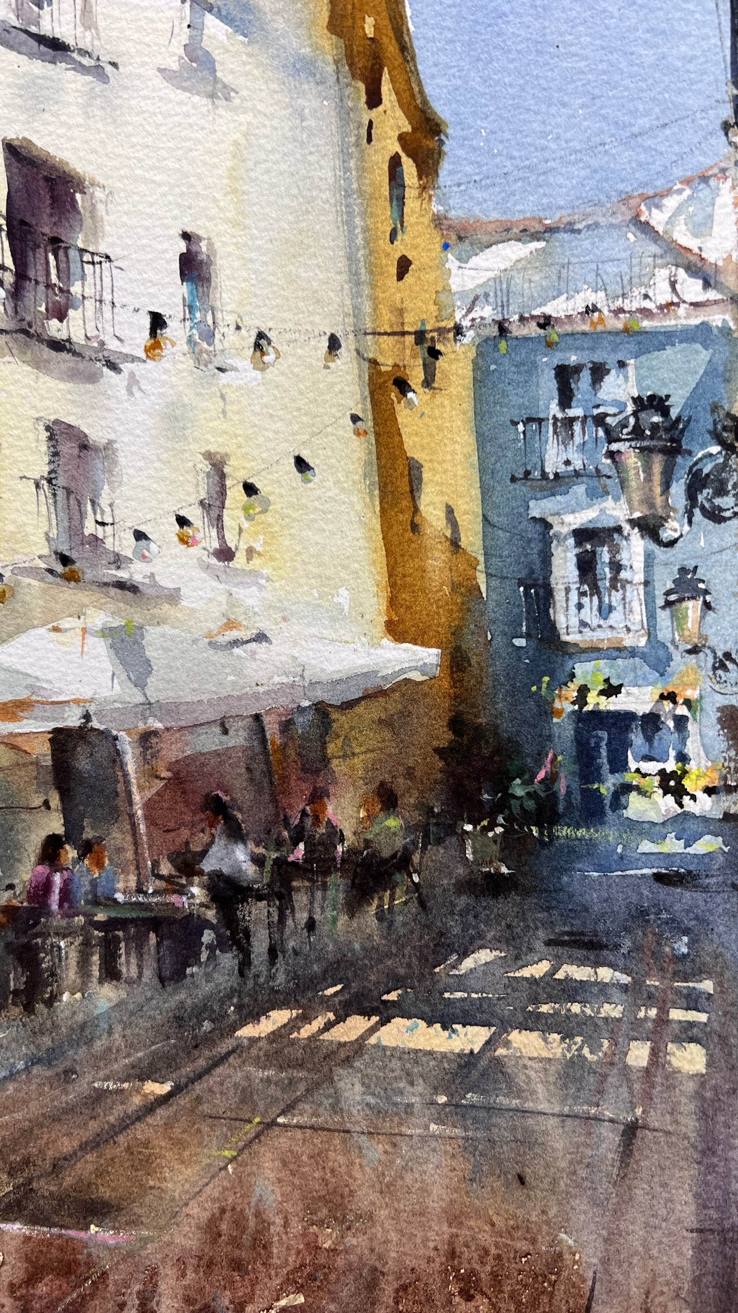 Valencia Street Watercolor Painting, Spanish Cityscape Art, Sunlit Valencia Alley 11x15