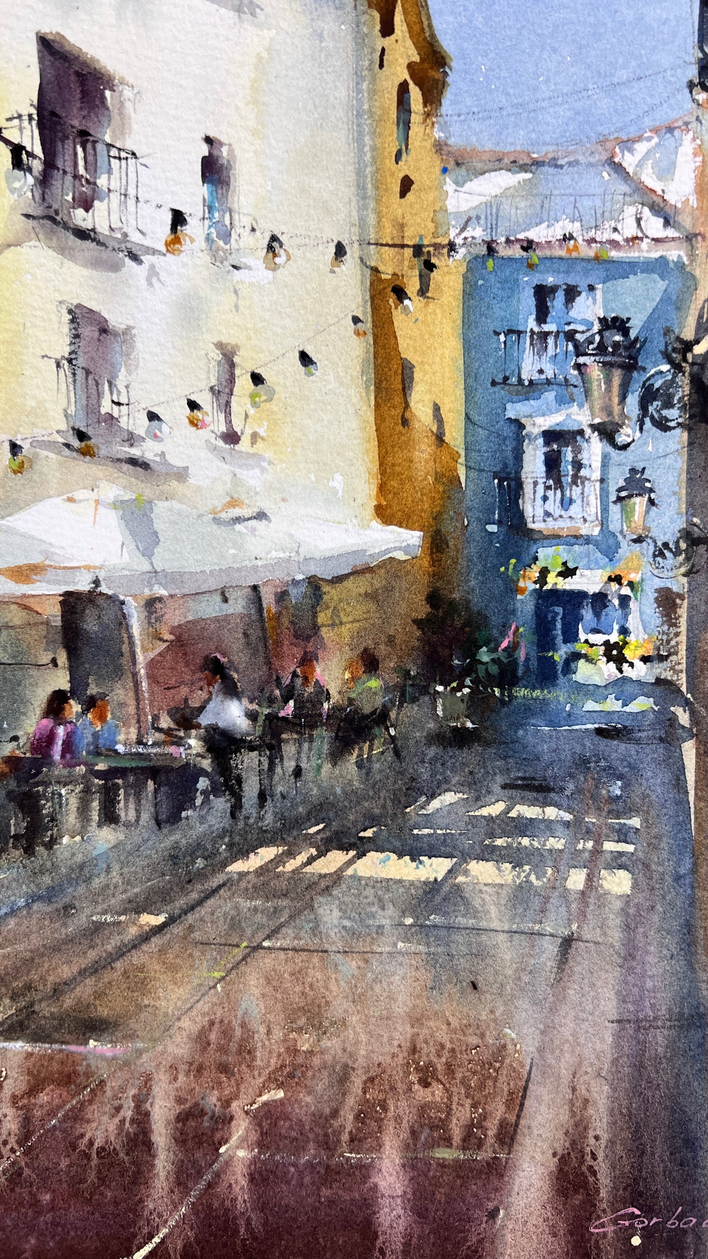 Valencia Street Watercolor Painting, Spanish Cityscape Art, Sunlit Valencia Alley 11x15