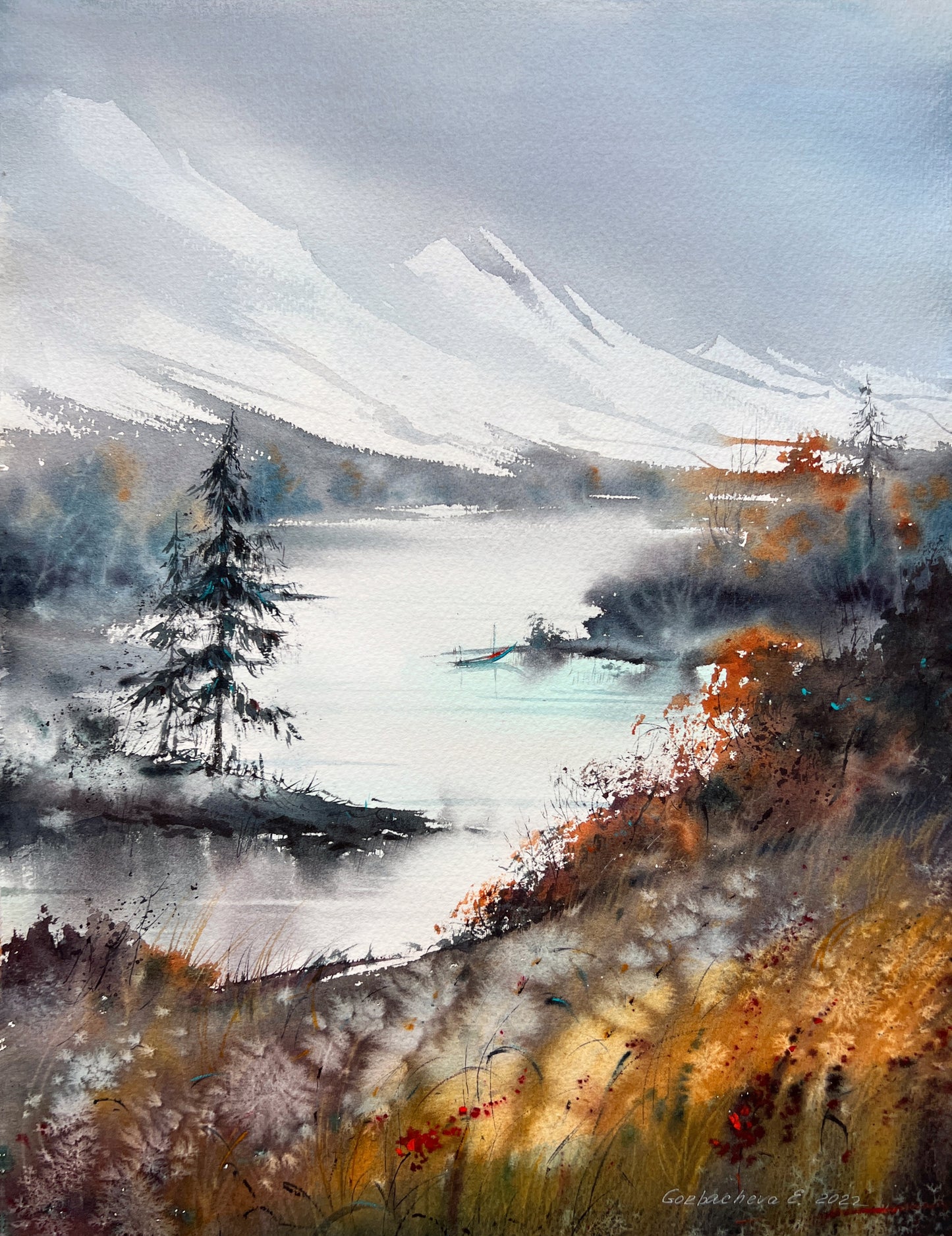 Mountain River #41: Autumn Landscape Watercolor Painting, 15x19 in