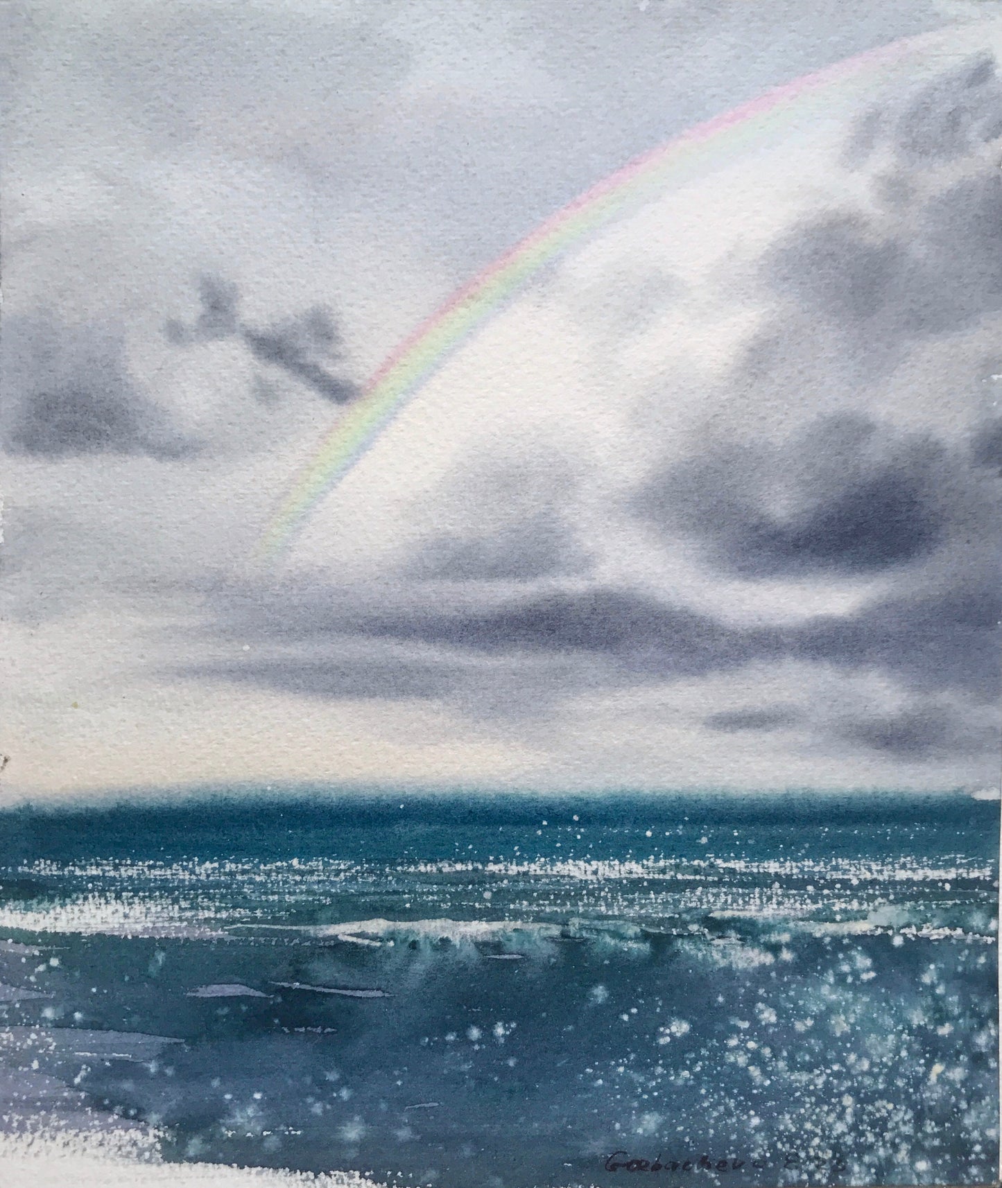 Rainbow Over Sea Original Watercolor Painting, Coastal Ocean Wall Art, Rainbow over the sea 7.5x9