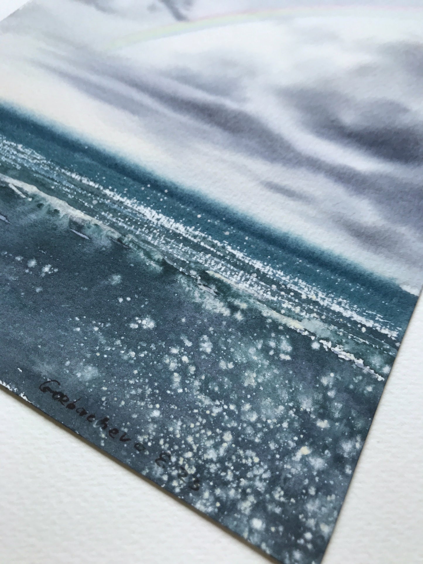 Rainbow Over Sea Original Watercolor Painting, Coastal Ocean Wall Art, Rainbow over the sea 7.5x9