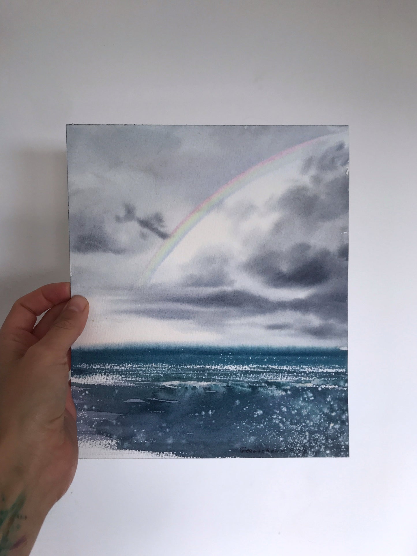 Rainbow Over Sea Original Watercolor Painting, Coastal Ocean Wall Art, Rainbow over the sea 7.5x9
