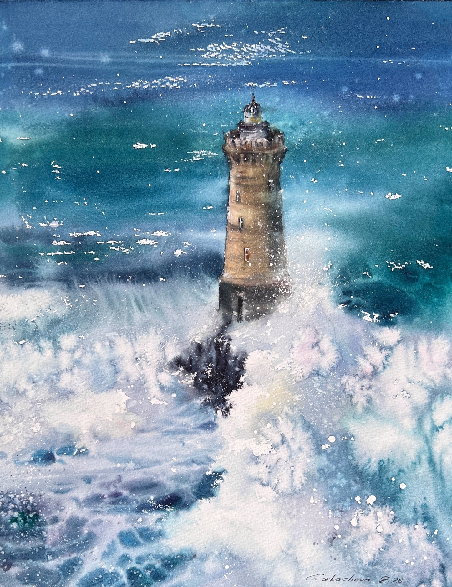 Dramatic Lighthouse Watercolor Painting, Ocean Storm Art, Silent Ocean Guardian 11x15