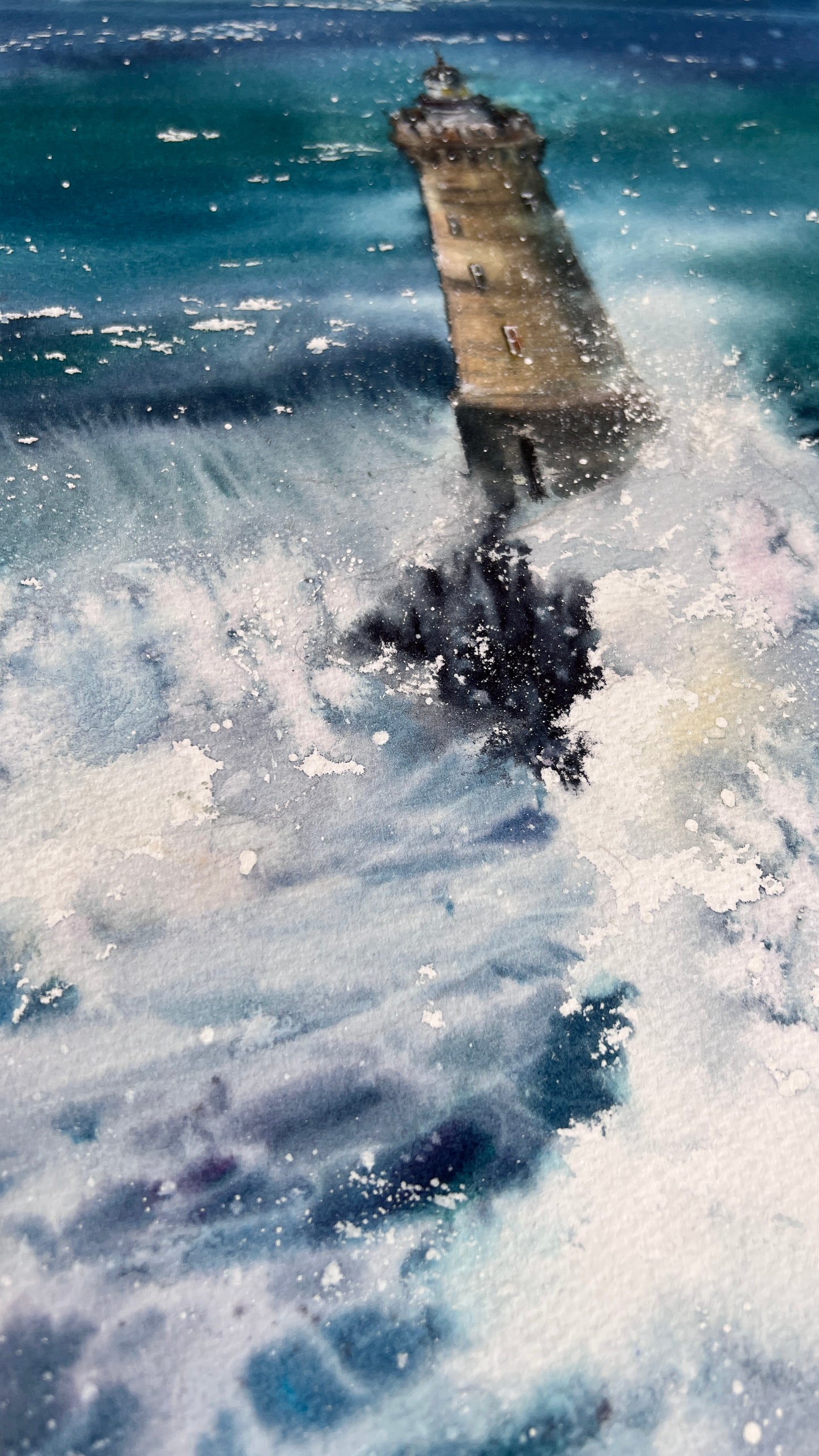 Dramatic Lighthouse Watercolor Painting, Ocean Storm Art, Silent Ocean Guardian 11x15