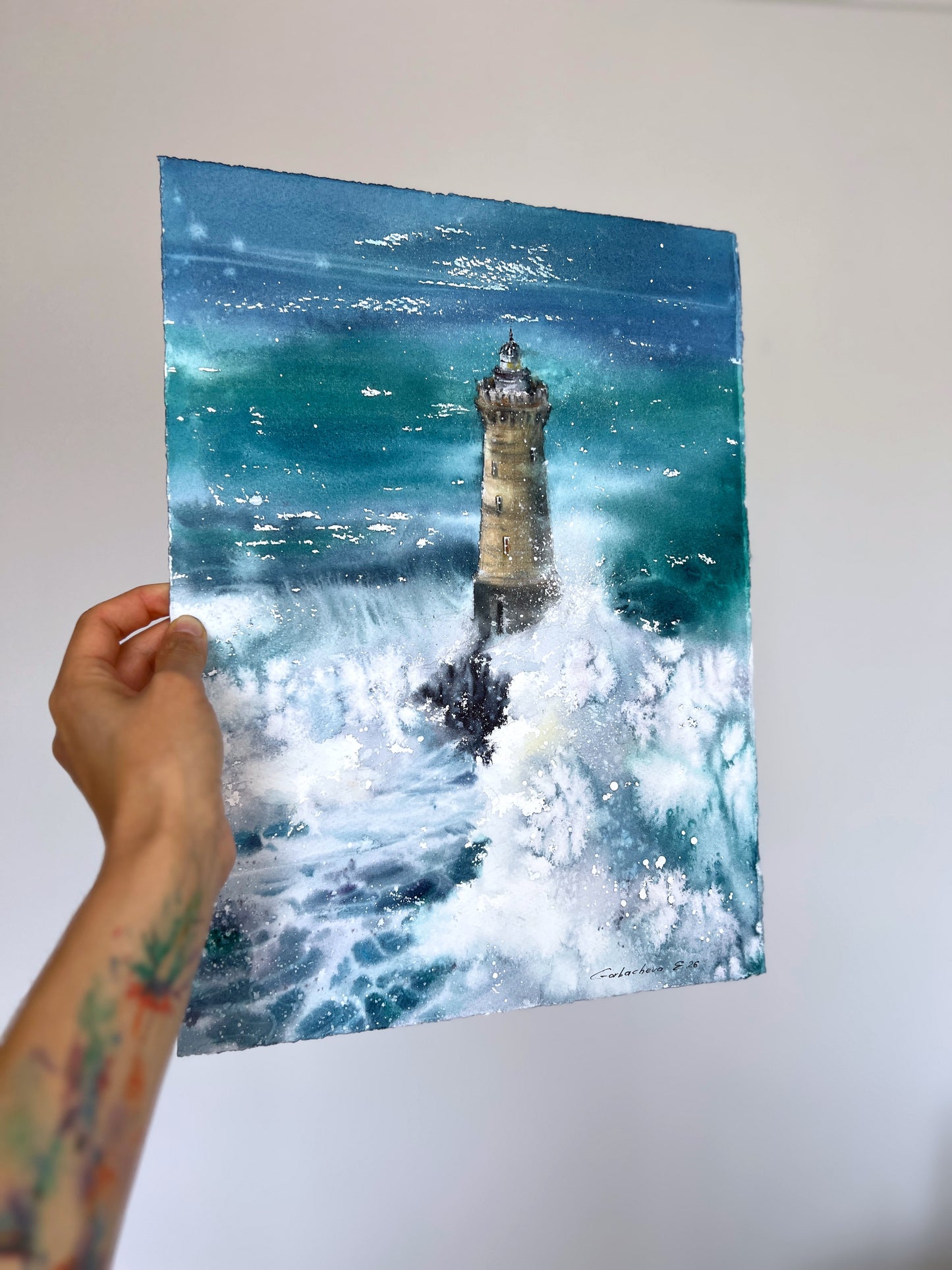 Dramatic Lighthouse Watercolor Painting, Ocean Storm Art, Silent Ocean Guardian 11x15