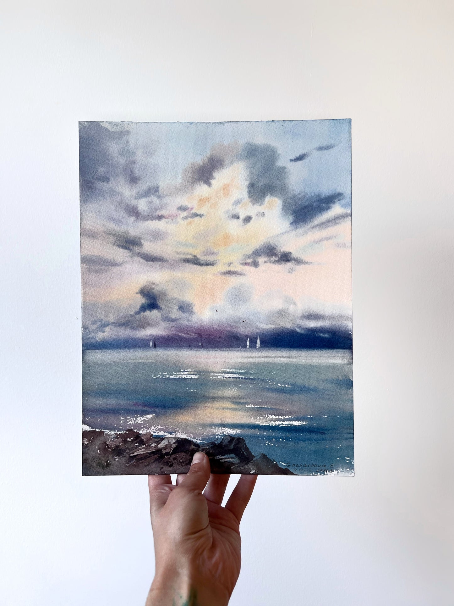 Small Seascape Painting Watercolor Original, Coastal Wall Art Decor, Yachting Artwork, Unique Gift For Mom, Purple Clouds