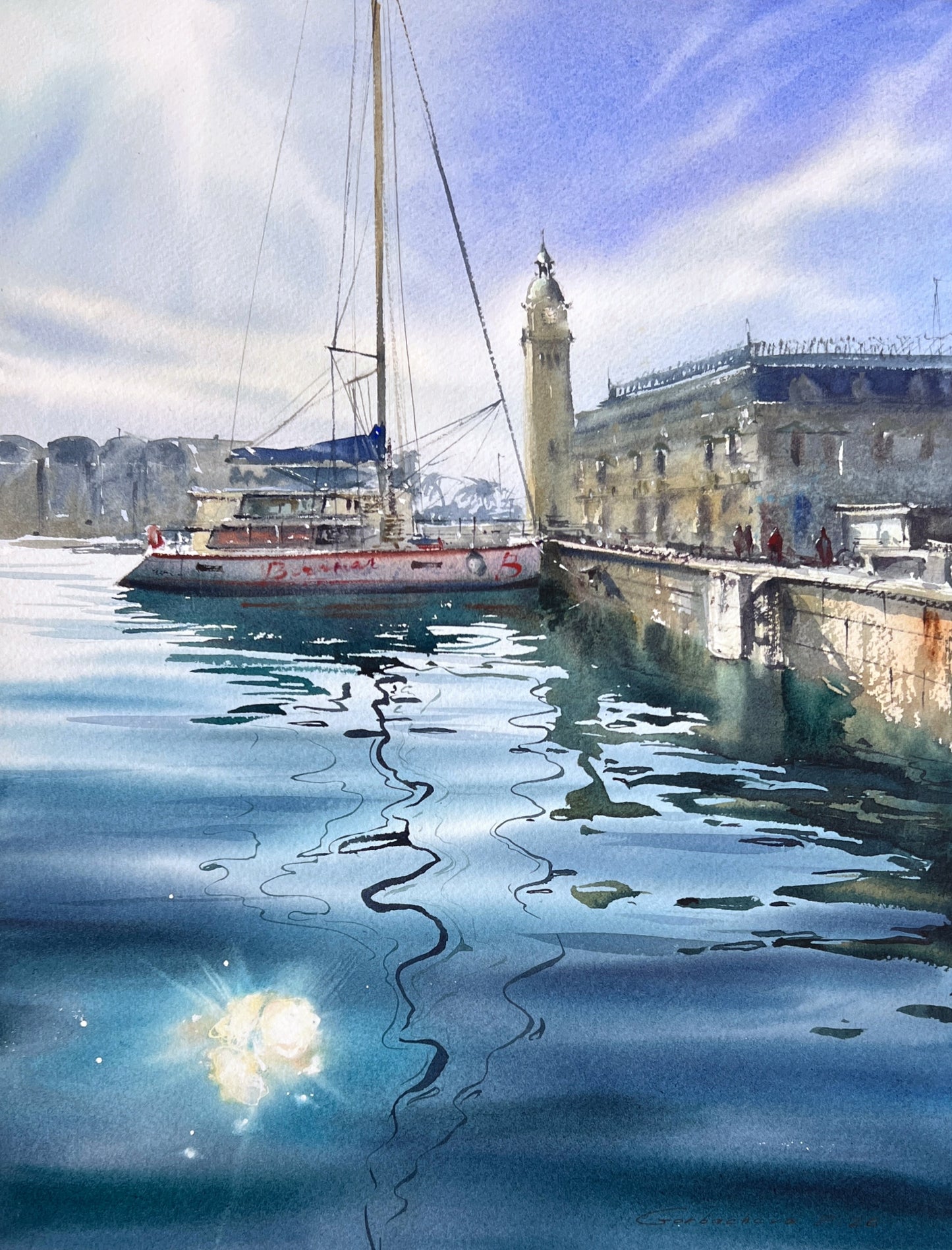 Spanish Harbor Watercolor Painting, Sailboat Marina Art, Still Waters of Spain 12x16