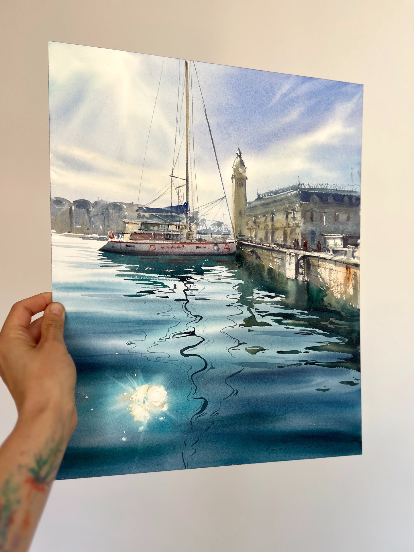 Spanish Harbor Watercolor Painting, Sailboat Marina Art, Still Waters of Spain 12x16