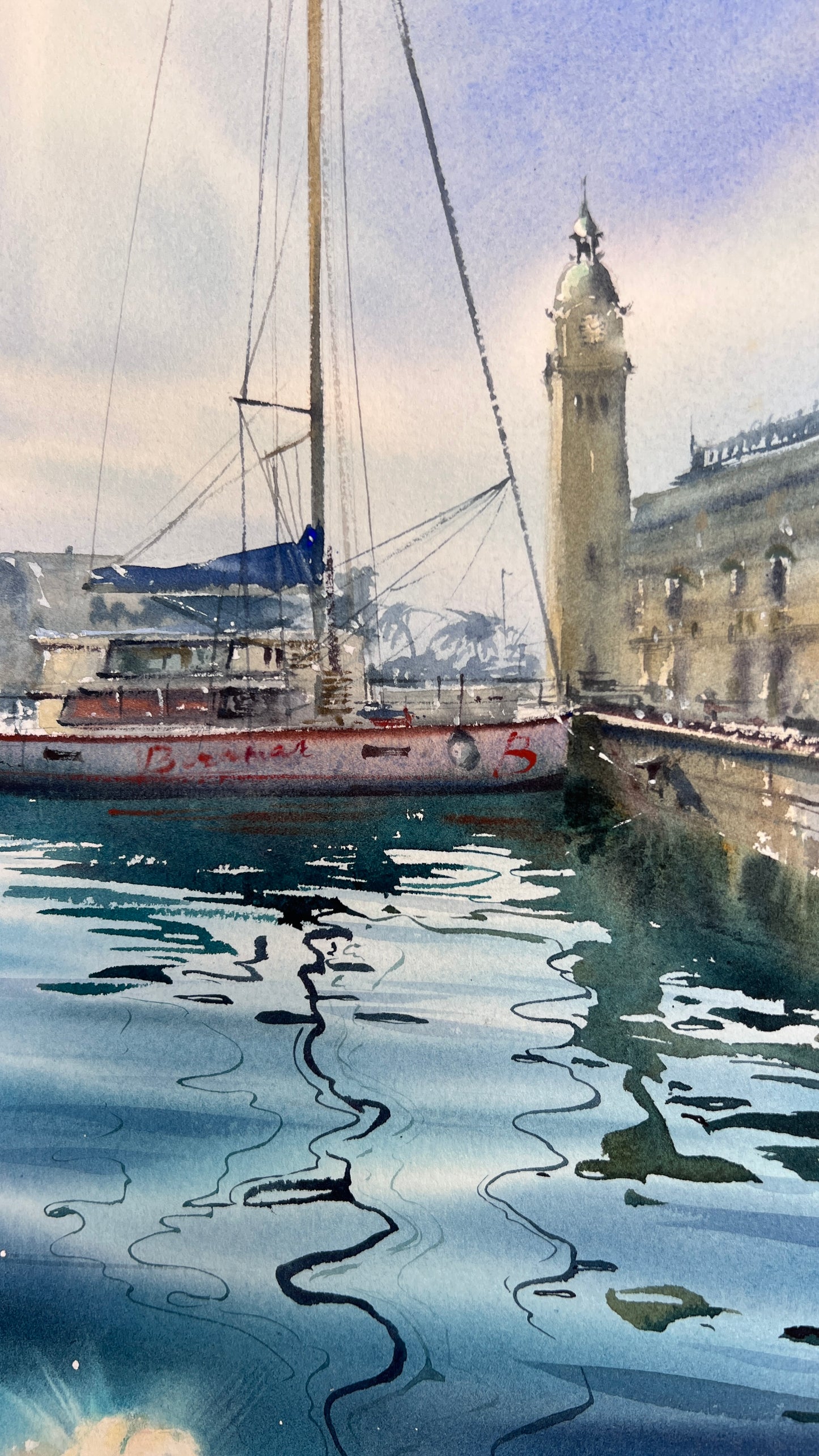 Spanish Harbor Watercolor Painting, Sailboat Marina Art, Still Waters of Spain 12x16