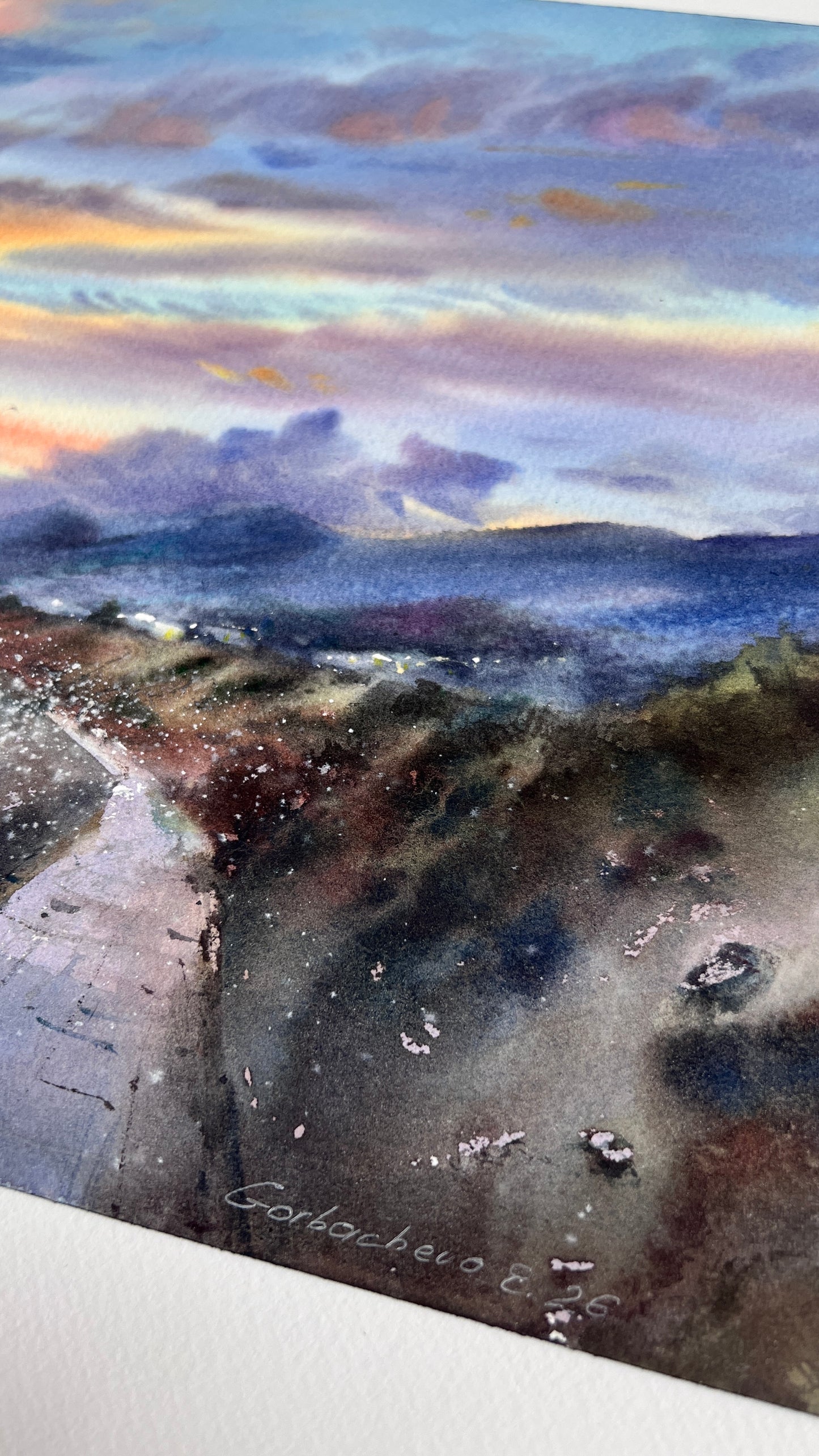 Cyprus Coastal Sunset Watercolor Painting, Seascape Wall Art, Cyprus Lavender Sky 12x16