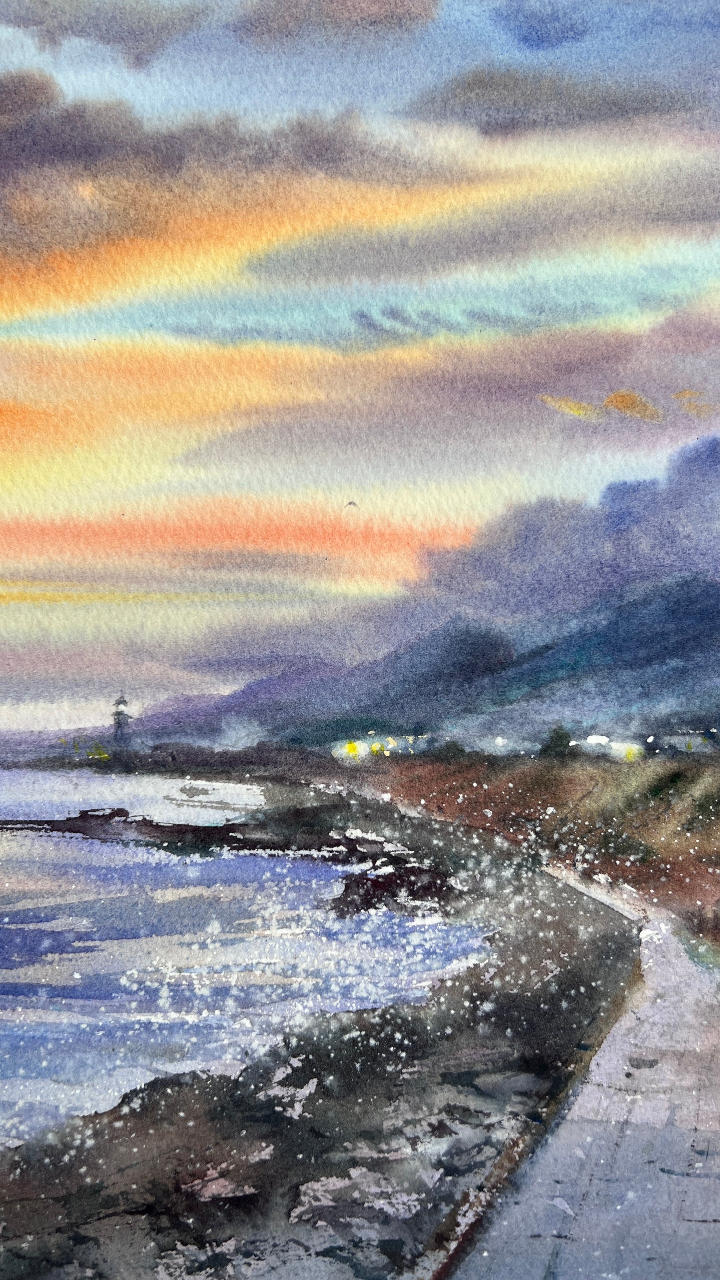Cyprus Coastal Sunset Watercolor Painting, Seascape Wall Art, Cyprus Lavender Sky 12x16