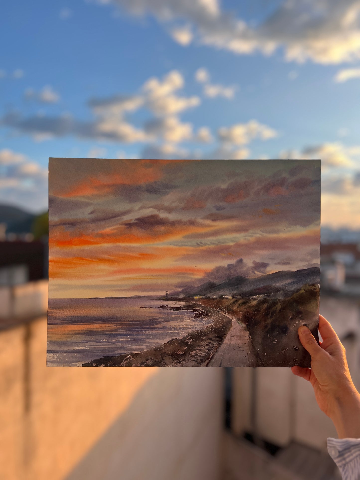Cyprus Coastal Sunset Watercolor Painting, Seascape Wall Art, Cyprus Lavender Sky 12x16