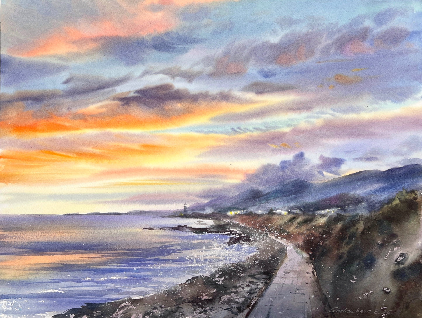 Cyprus Coastal Sunset Watercolor Painting, Seascape Wall Art, Cyprus Lavender Sky 12x16