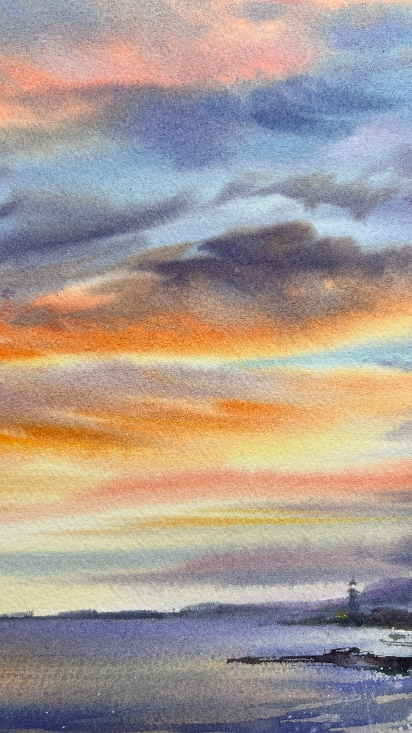 Cyprus Coastal Sunset Watercolor Painting, Seascape Wall Art, Cyprus Lavender Sky 12x16