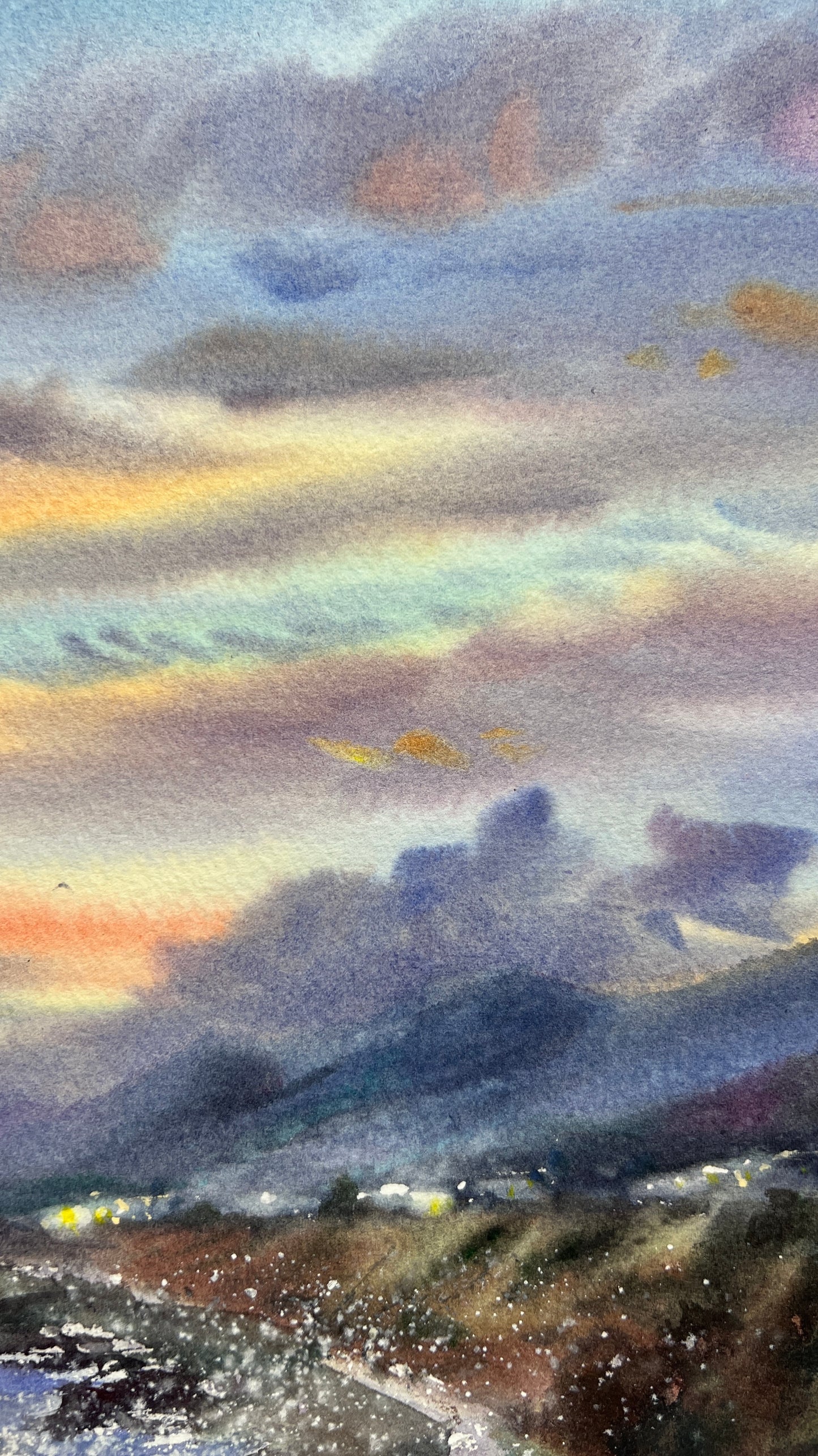 Cyprus Coastal Sunset Watercolor Painting, Seascape Wall Art, Cyprus Lavender Sky 12x16