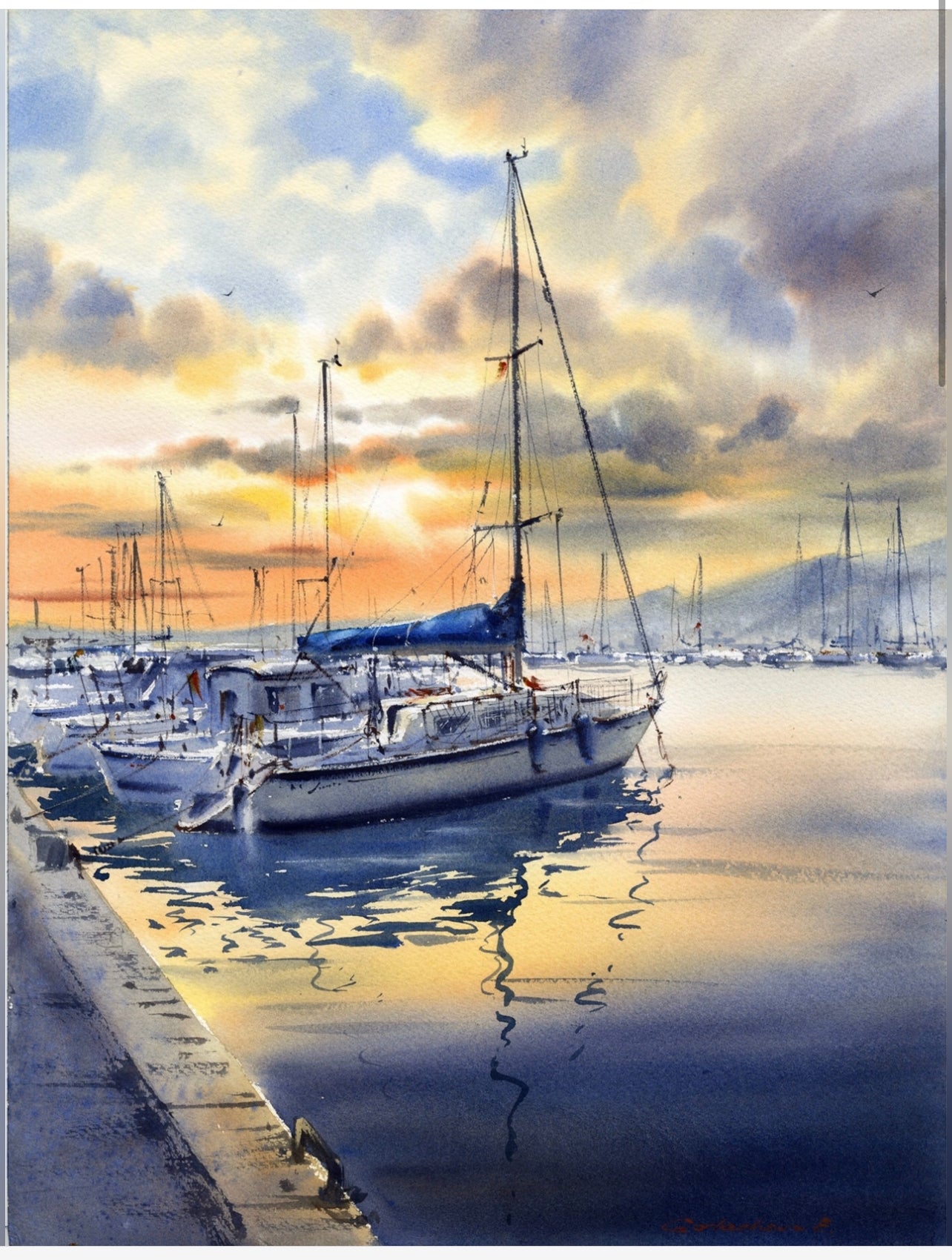 Sailboat Watercolor Painting Original Marina Sunset, Golden Hour at the Pier 12x16