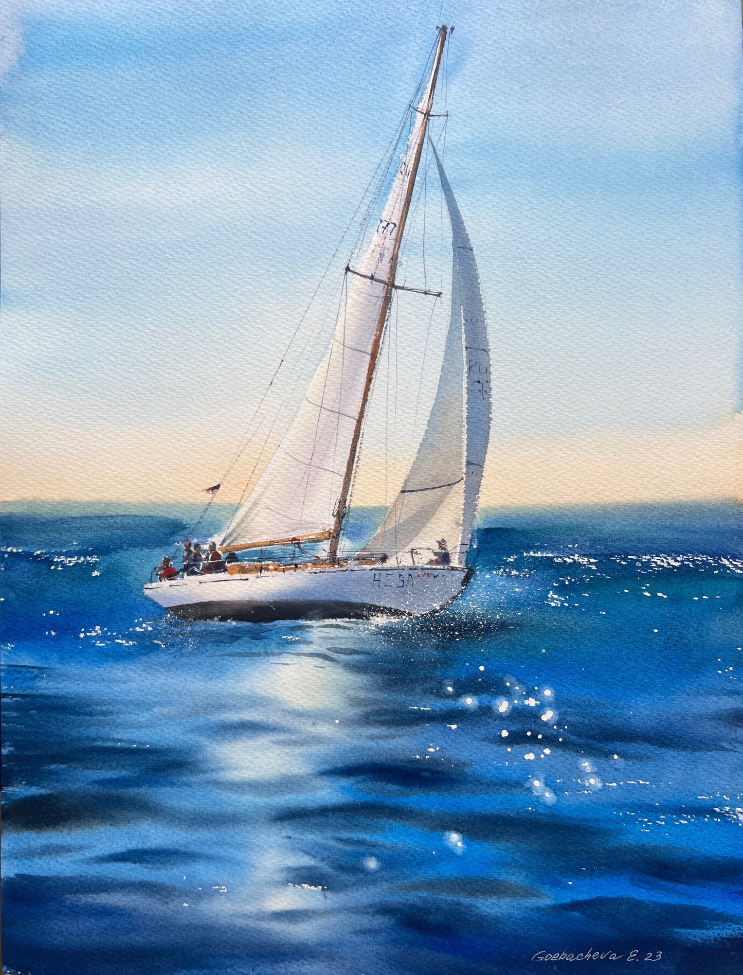 Sailboat Seascape Painting Watercolor, One-of-a-Kind Original Artwork, Gift For Him, Blue, Nautical Art