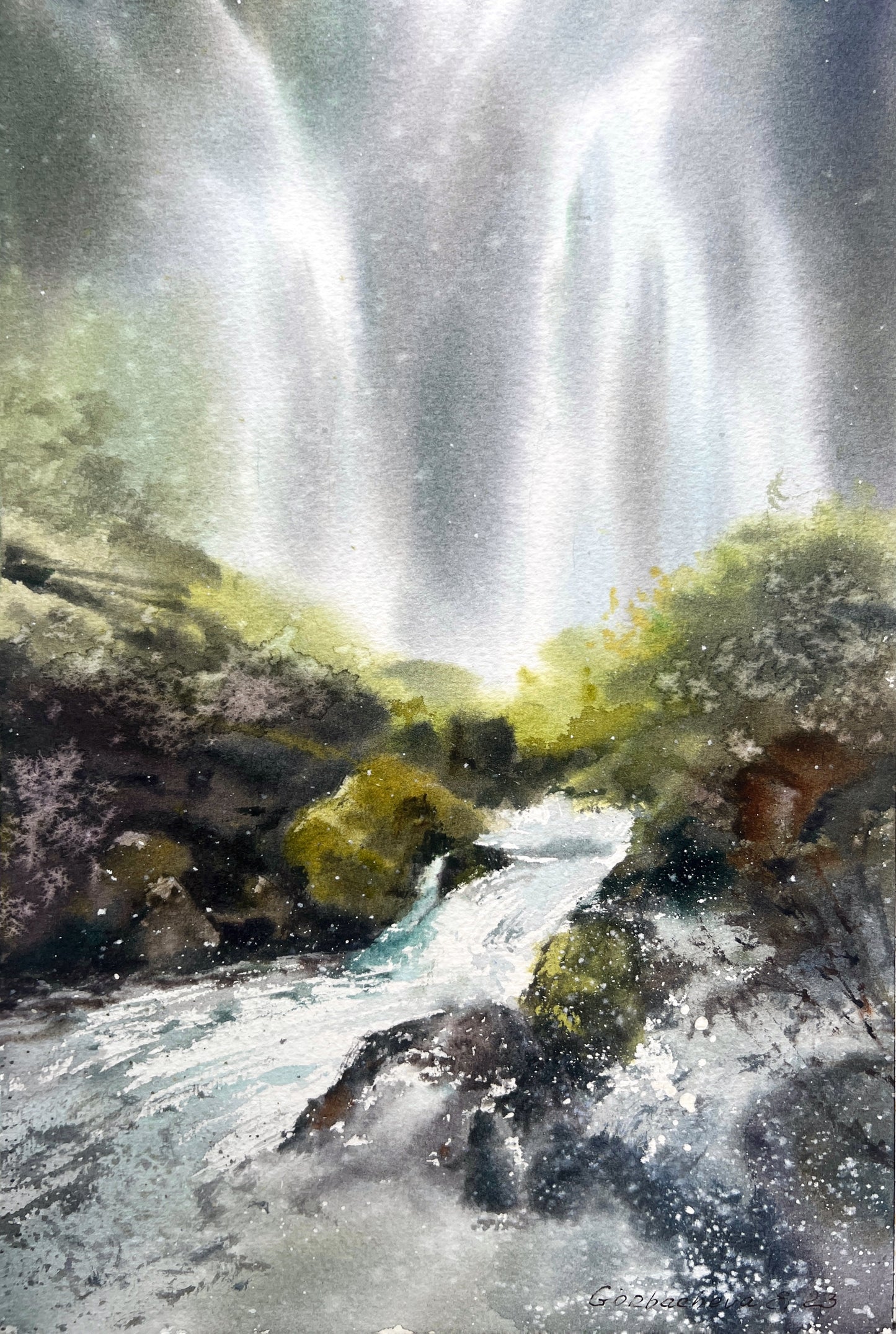Waterfall Watercolor Original Painting, Nature Art Decor, Icelandic Nordic Landscape Artwork, Gift For Traveler